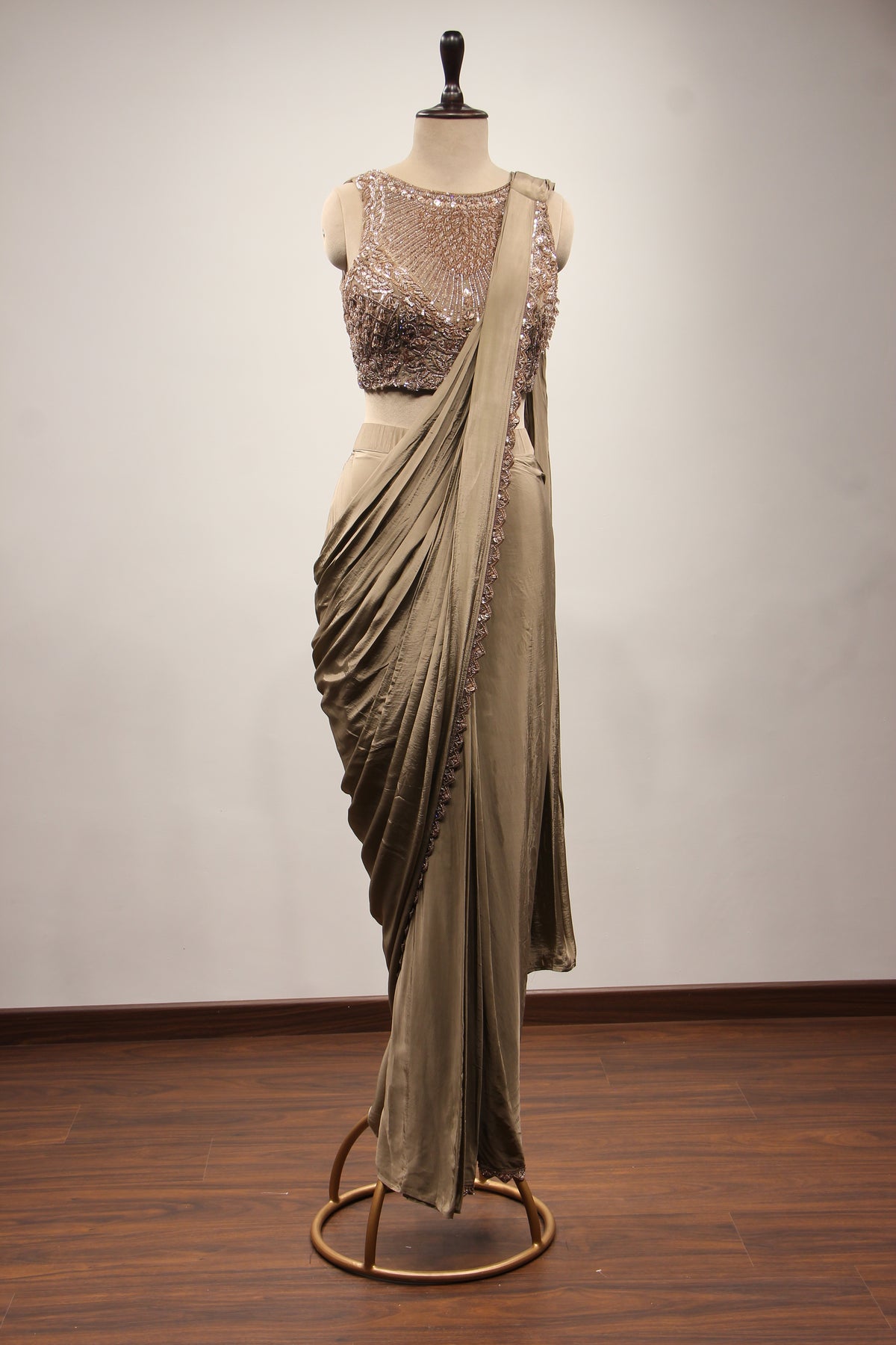 Crepe Drape Saree with Cut Dana & Sequin Handwork, Net Corset Blouse