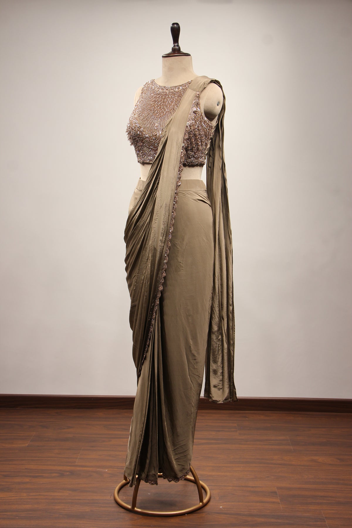 Crepe Drape Saree with Cut Dana & Sequin Handwork, Net Corset Blouse