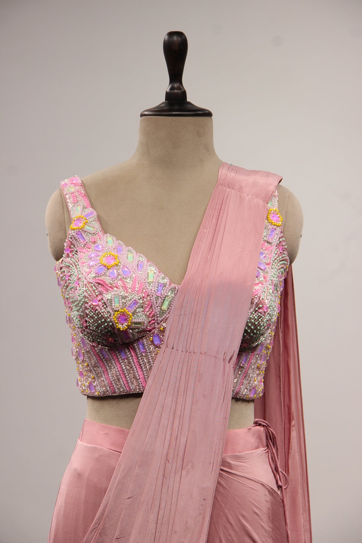Peach Crepe Drape Saree with Hand Embroidery & Mirror Handwork