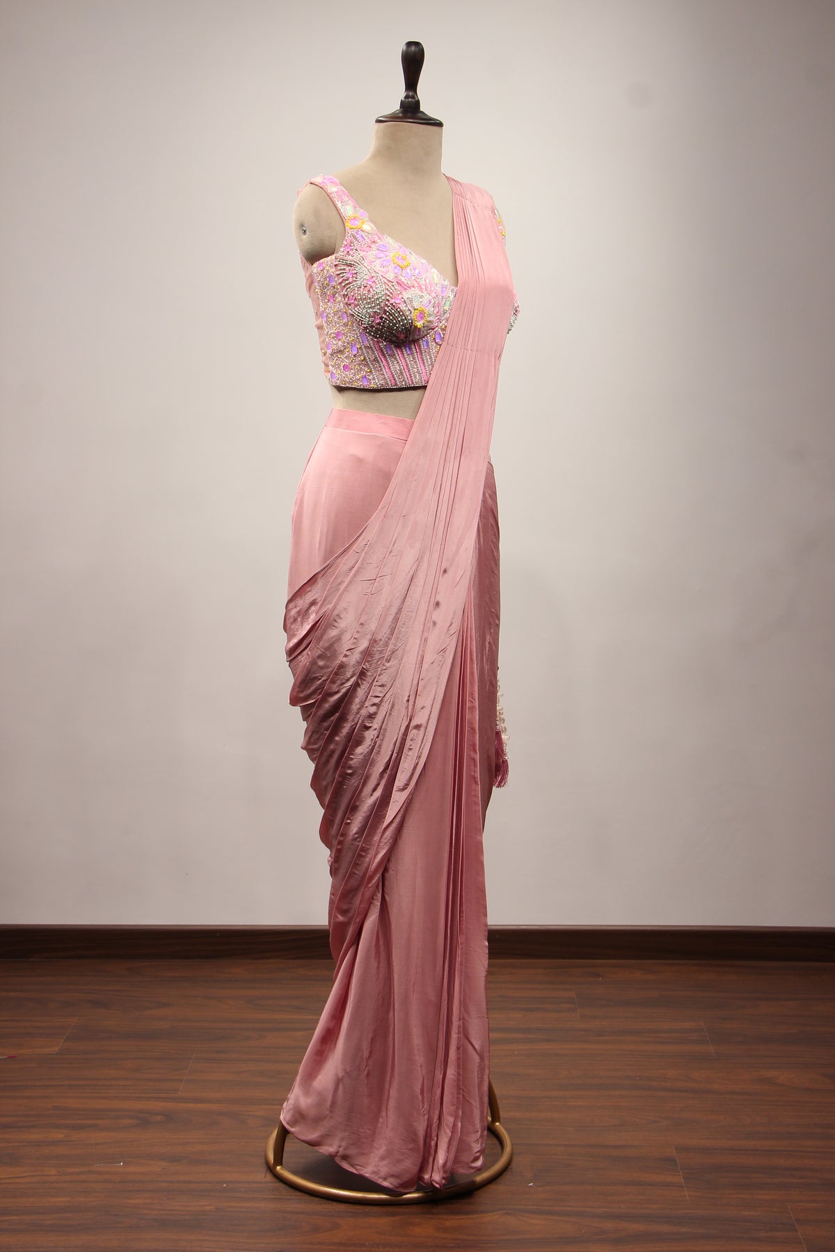 Peach Crepe Drape Saree with Hand Embroidery & Mirror Handwork