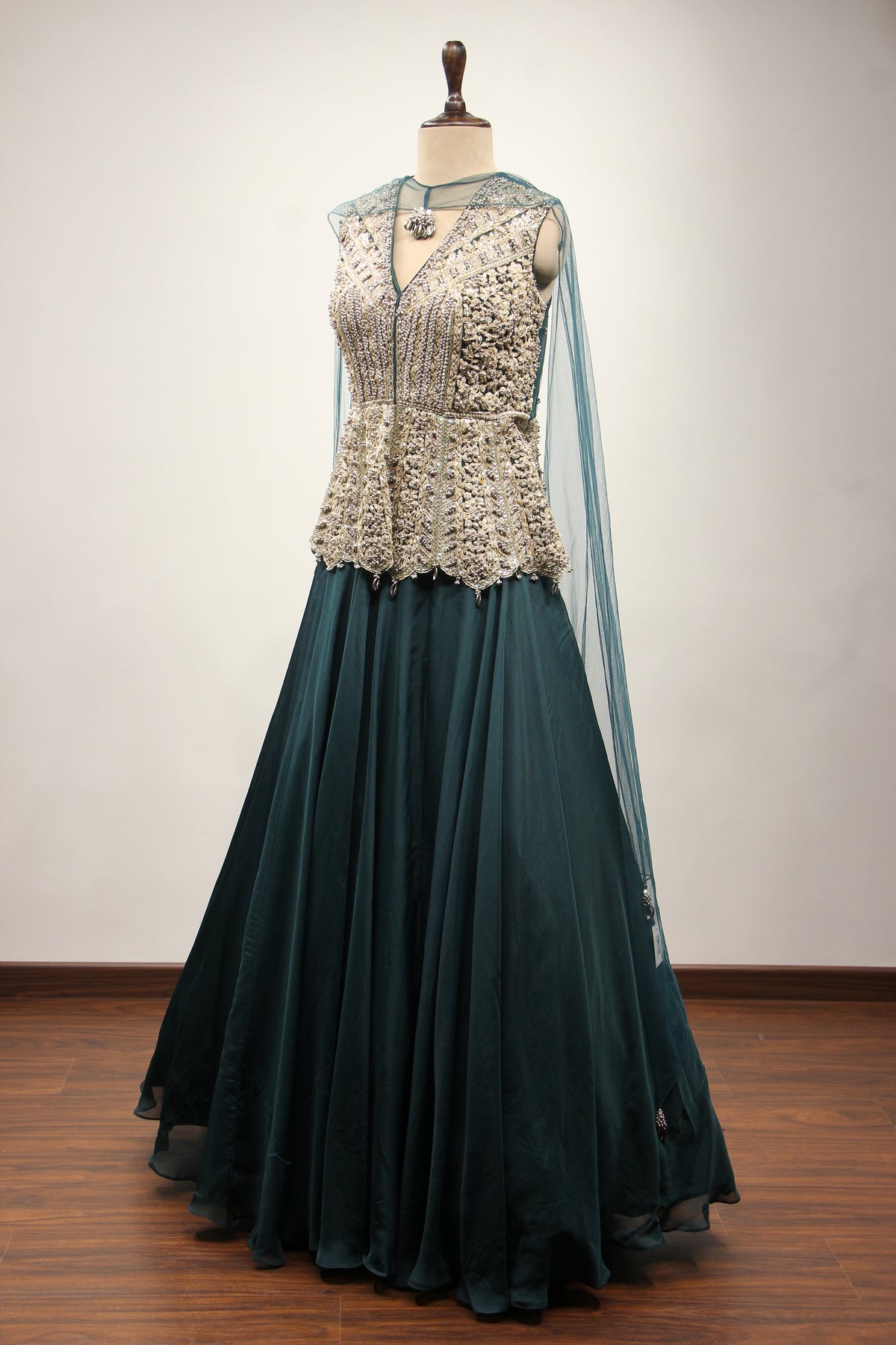 Bottle Green Organza Peplum Lehenga with Zari & Cut Dana Handwork – side view