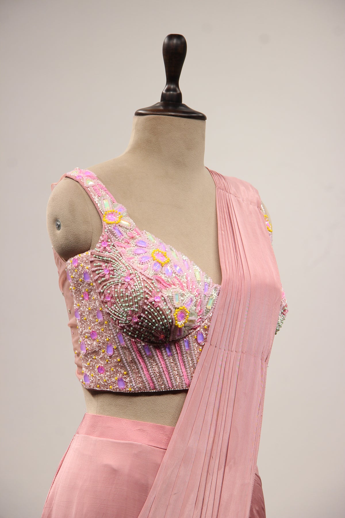 Peach Crepe Drape Saree with Hand Embroidery & Mirror Handwork