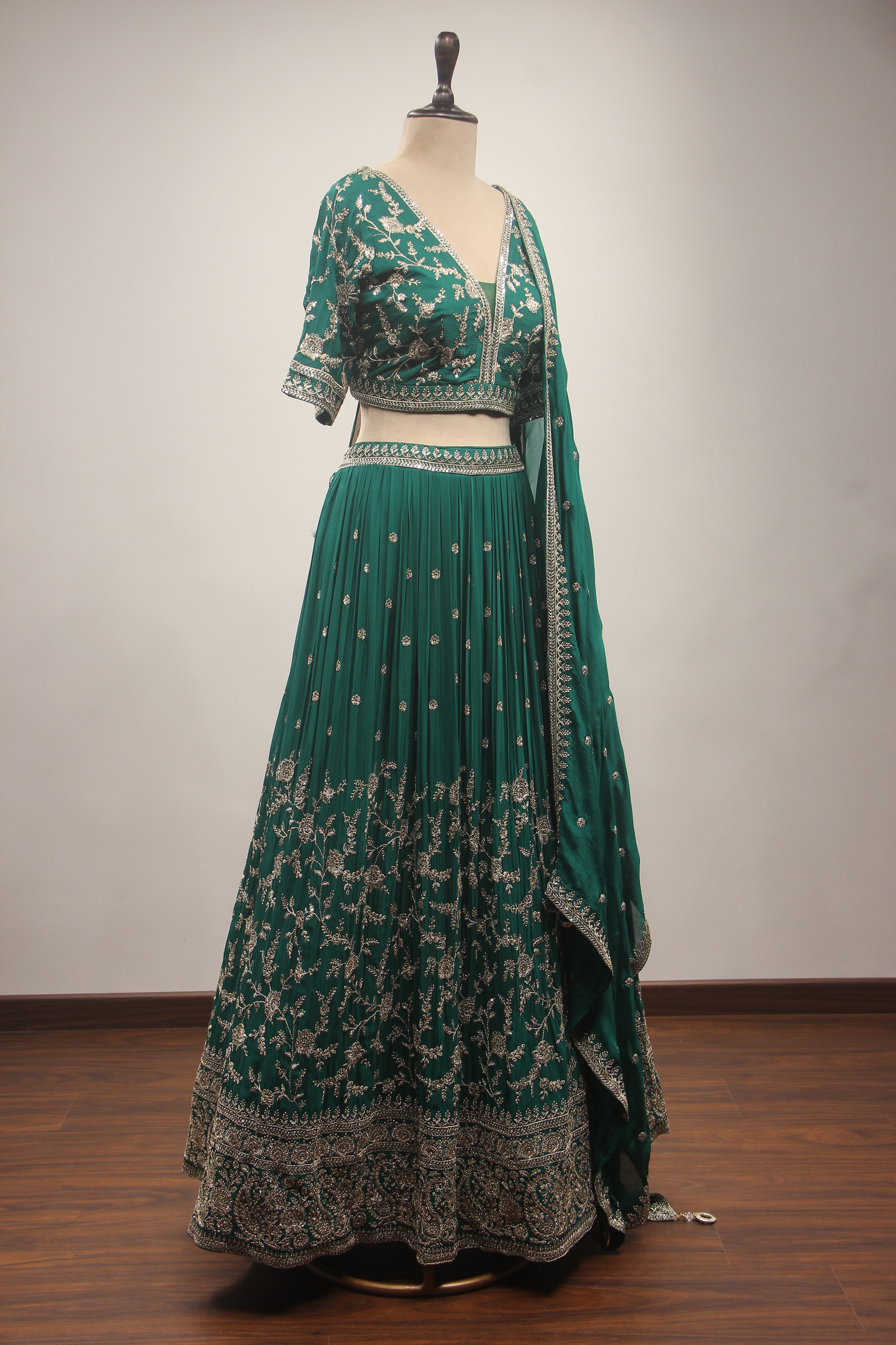 Crepe Lehenga with Sequin & Zari Handwork Embellished Crop Top