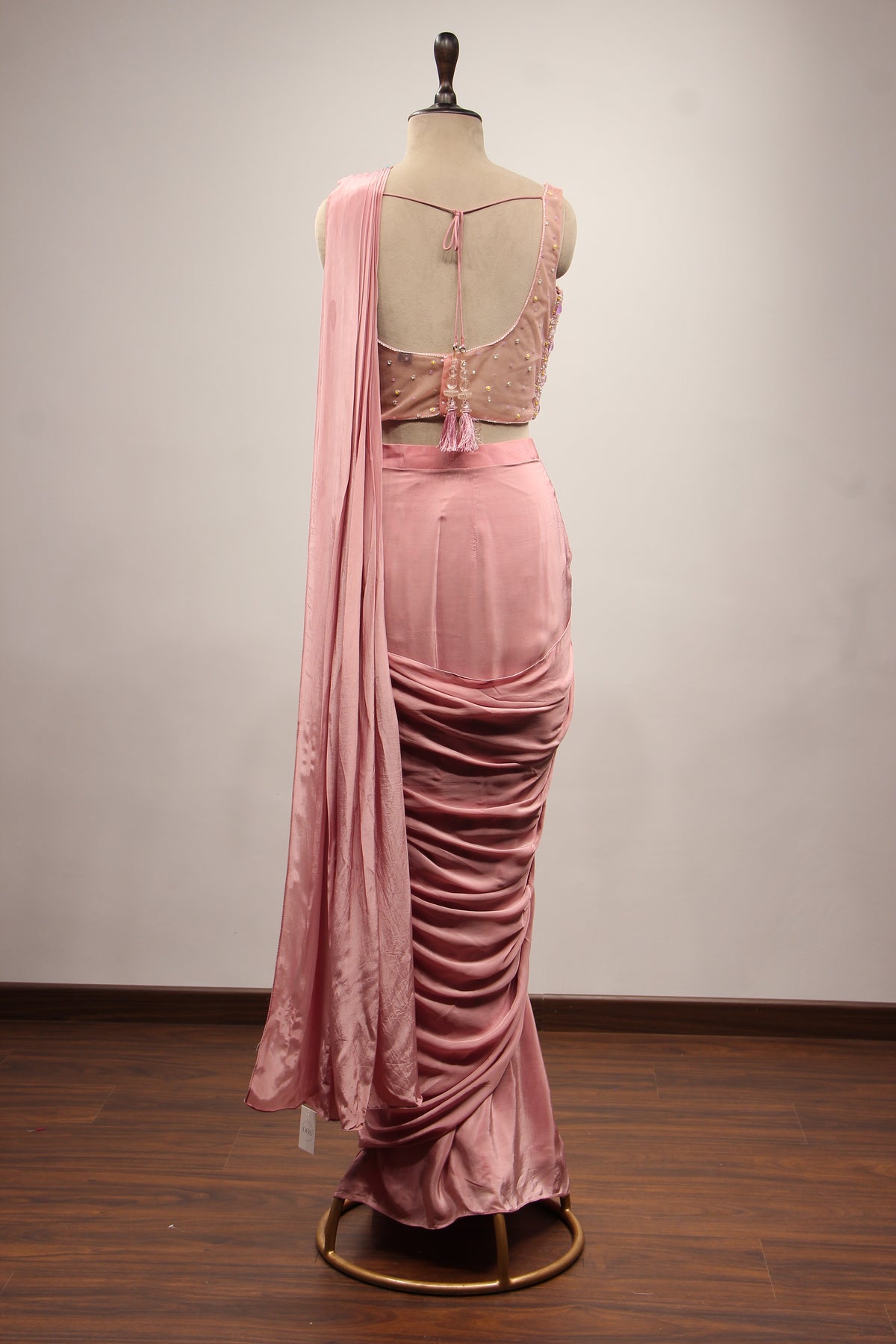 Peach Crepe Drape Saree with Hand Embroidery & Mirror Handwork