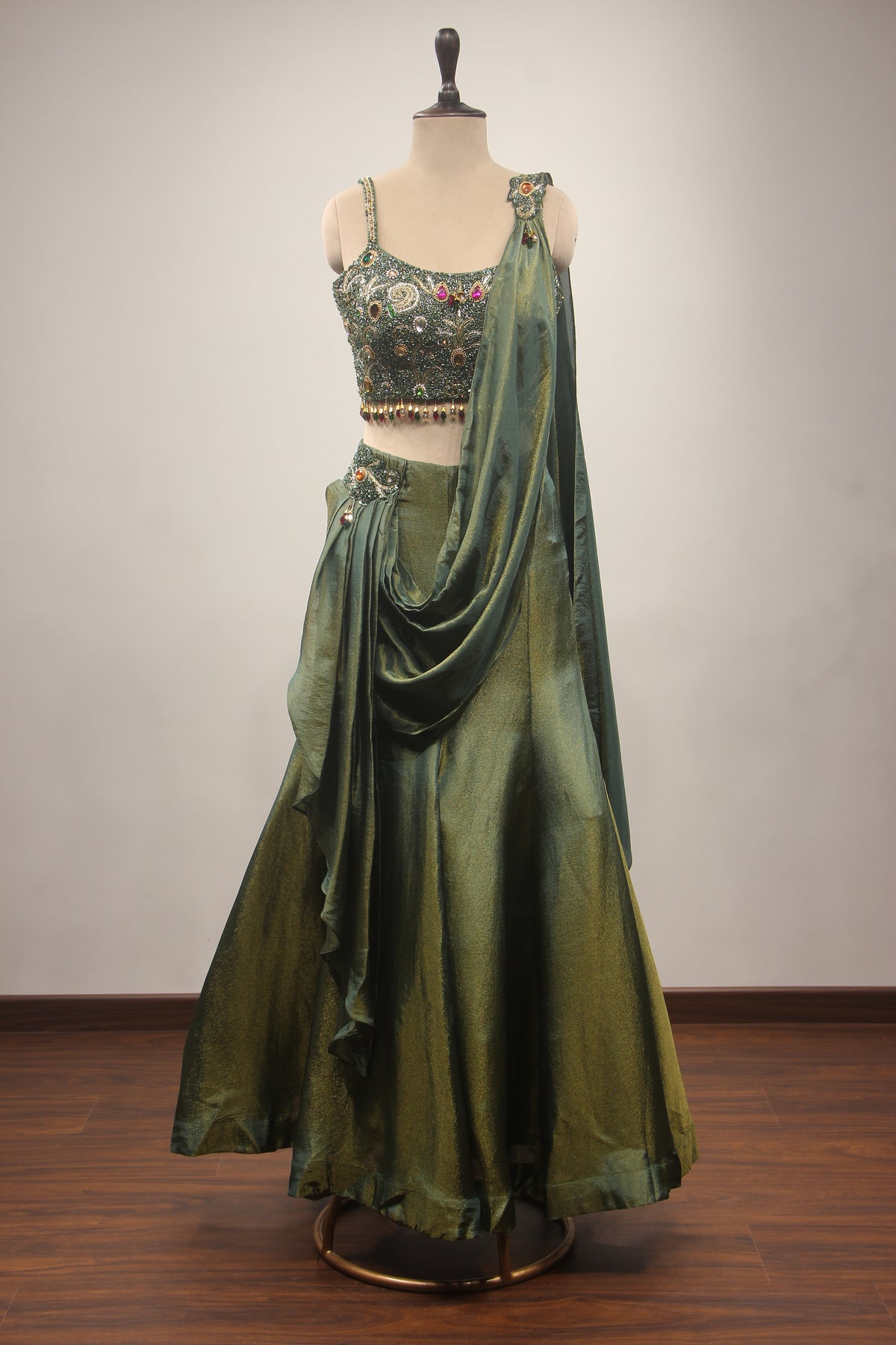 Emerald Green Tissue Lehenga with Stone, Bead & Cut Dana Embroidery