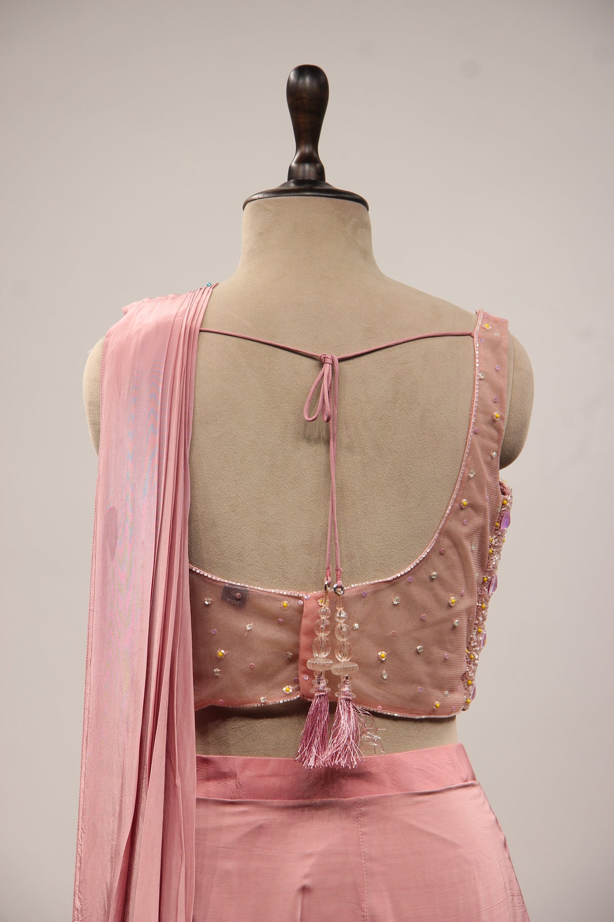 Peach Crepe Drape Saree with Hand Embroidery & Mirror Handwork