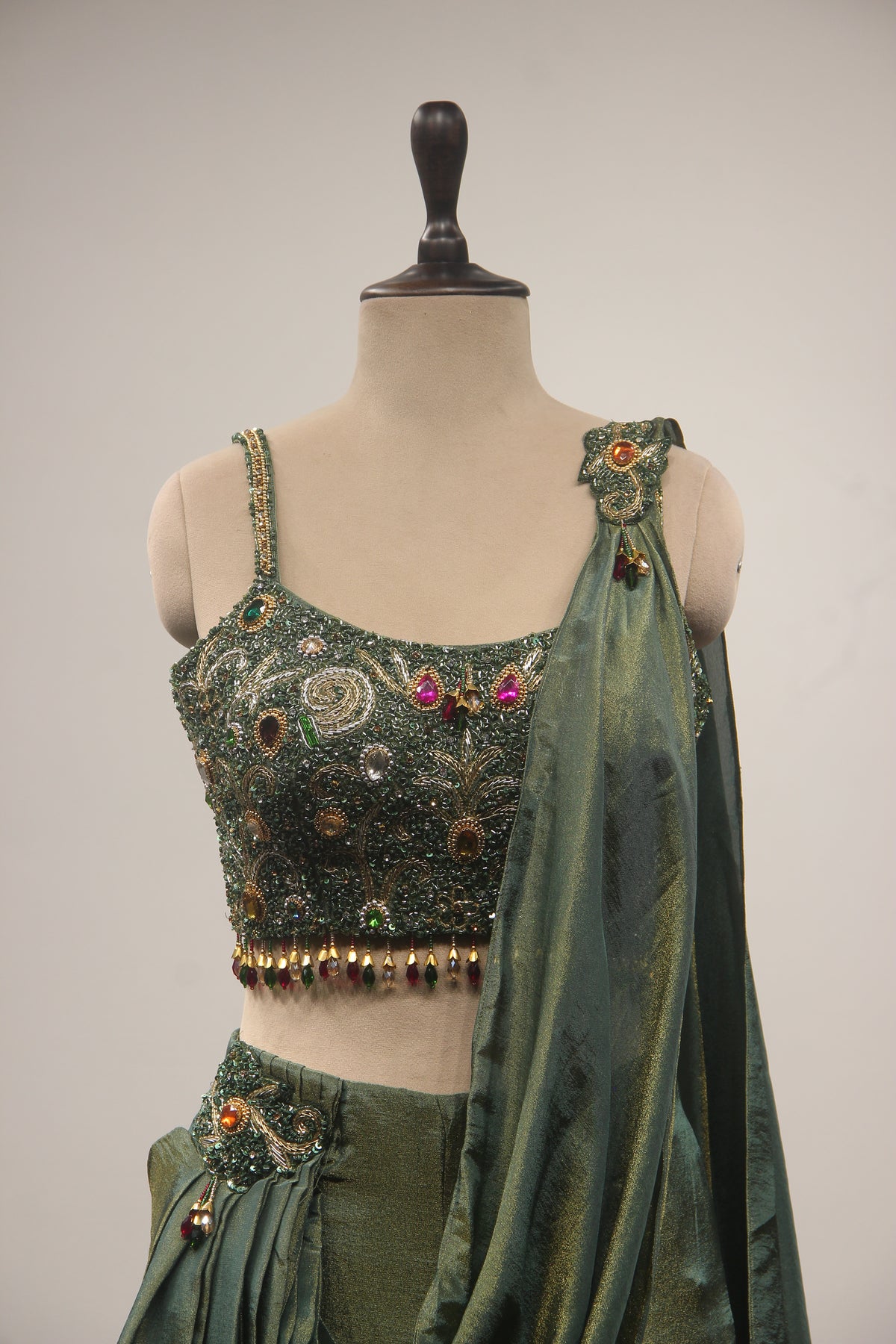 Emerald Green Tissue Lehenga with Stone, Bead & Cut Dana Embroidery