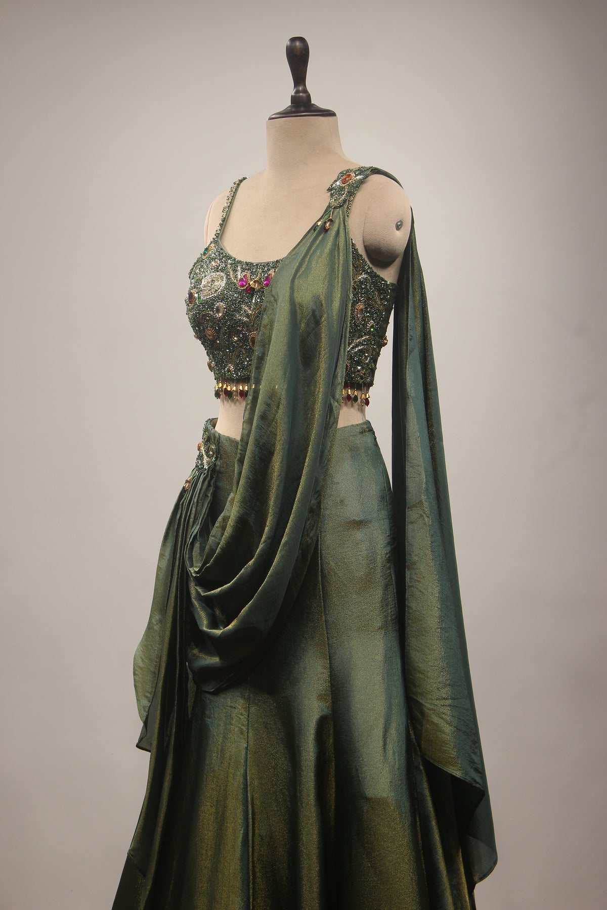 Emerald Green Tissue Lehenga with Stone, Bead & Cut Dana Embroidery