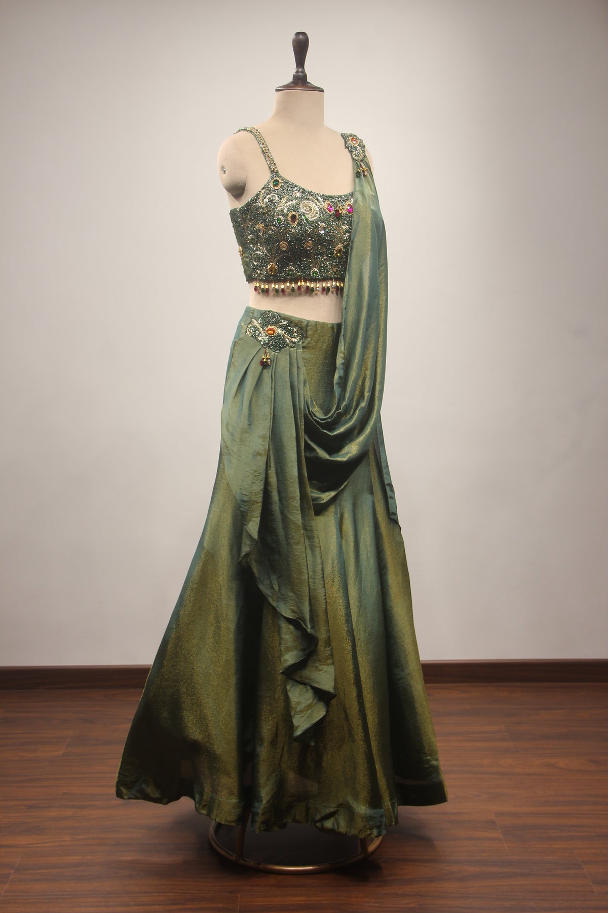 Emerald Green Tissue Lehenga with Stone, Bead & Cut Dana Embroidery