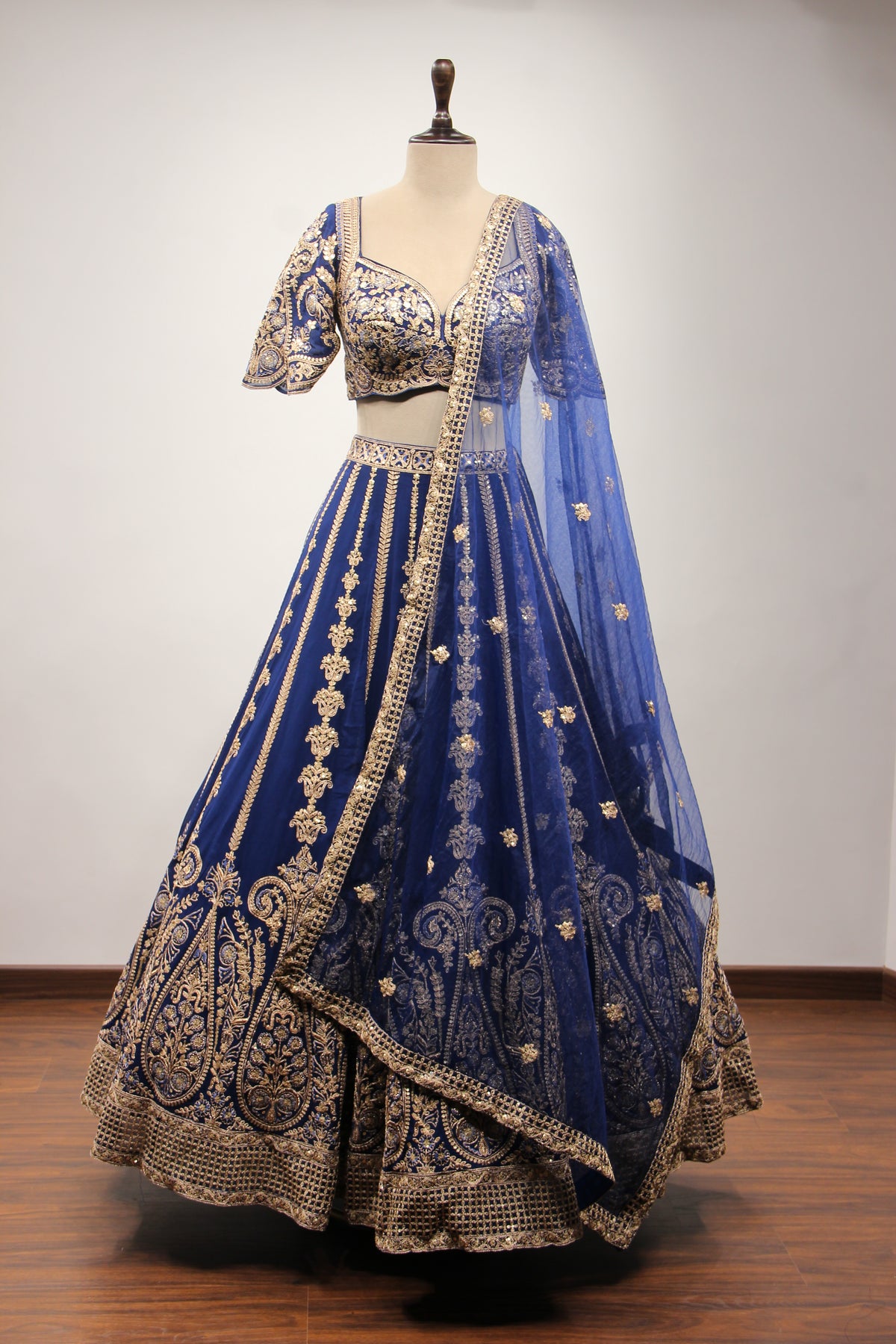 Royal Blue Georgette Lehenga with Zari & Resham Handwork Crop Top – front view