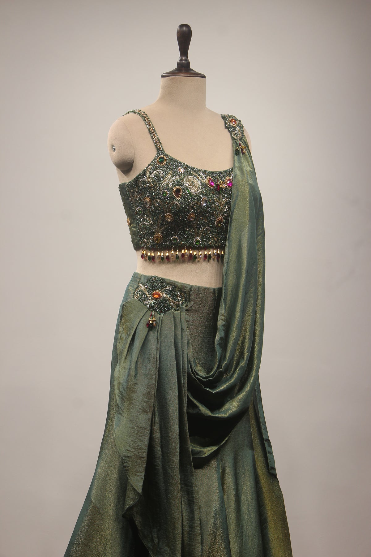Emerald Green Tissue Lehenga with Stone, Bead & Cut Dana Embroidery