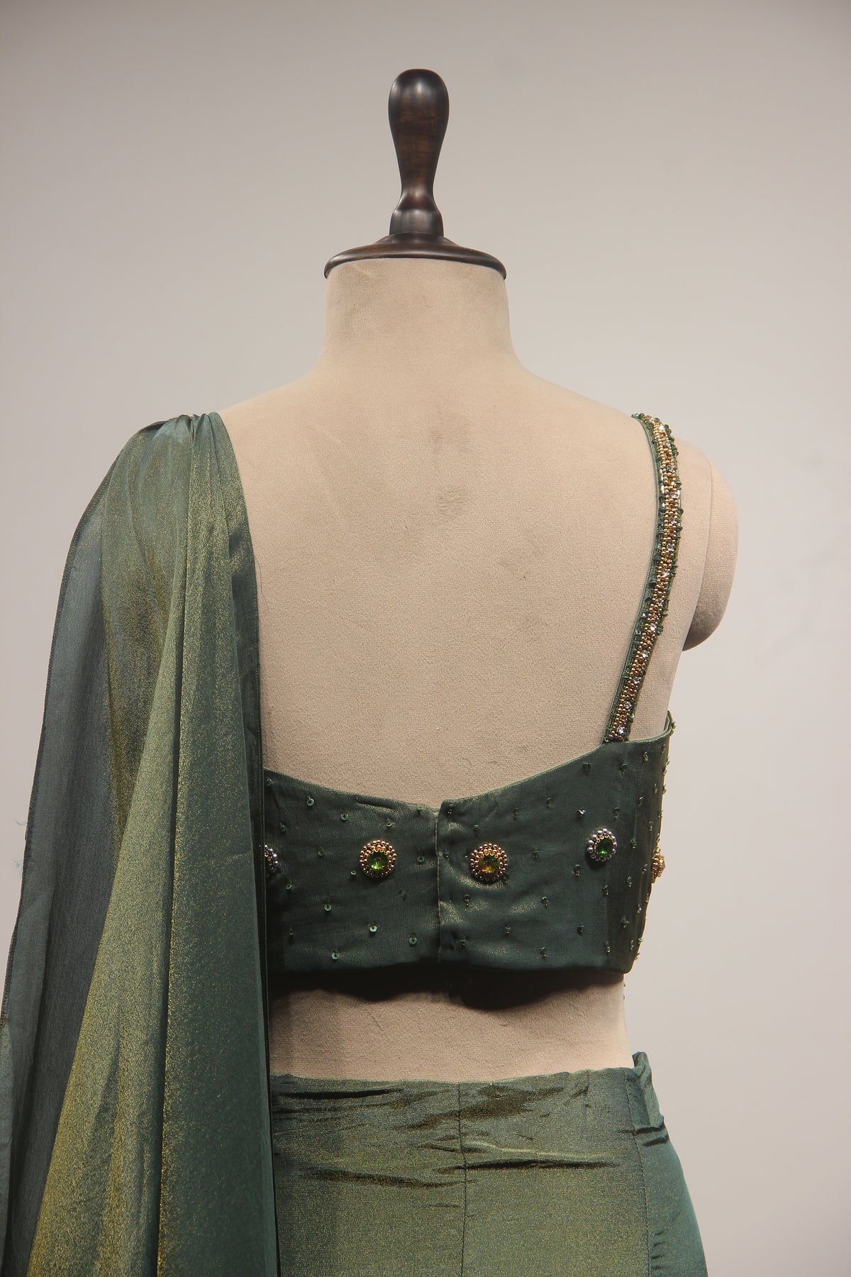 Emerald Green Tissue Lehenga with Stone, Bead & Cut Dana Embroidery