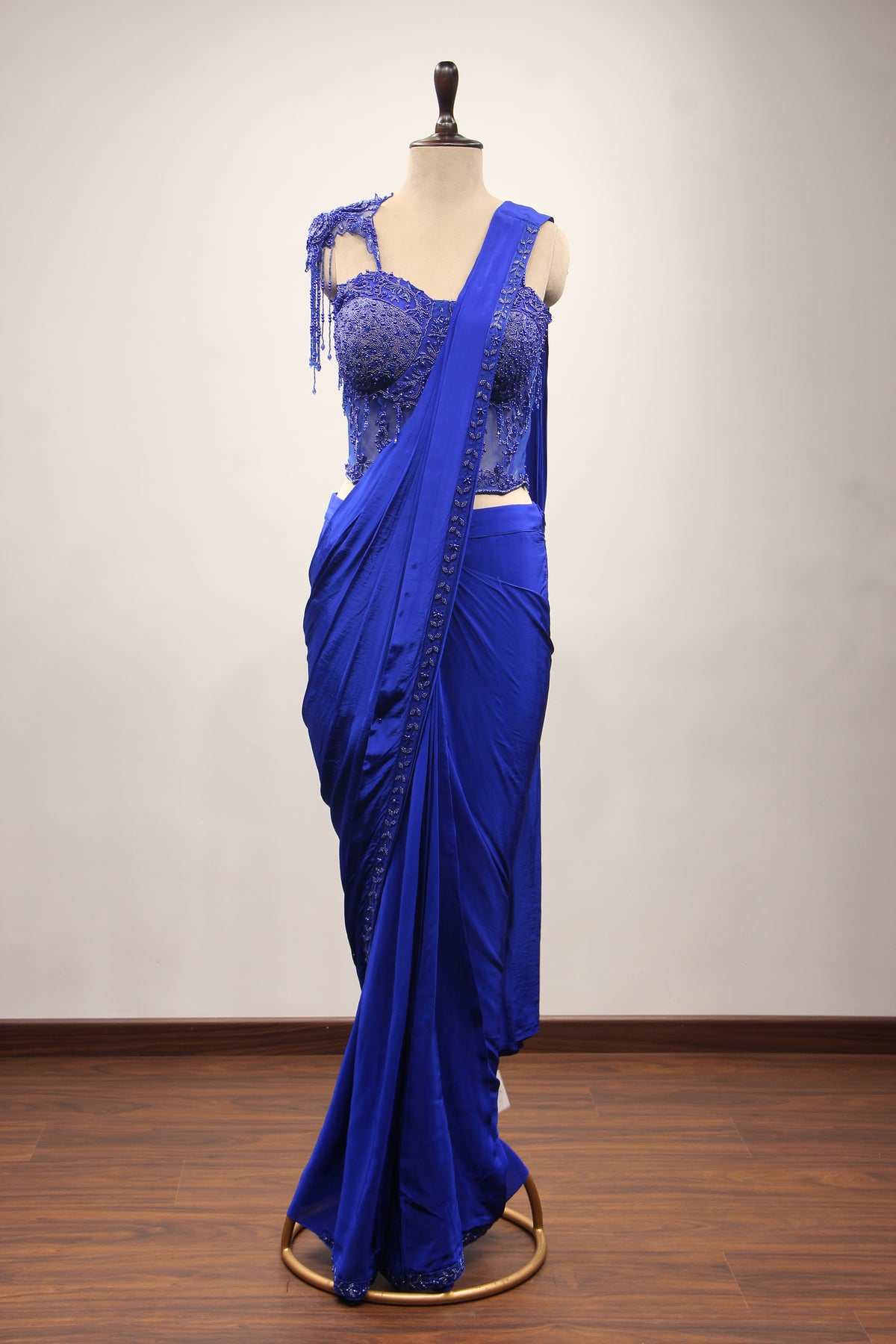 Electric Blue Crepe Drape Saree with Bead & Pearl Handwork