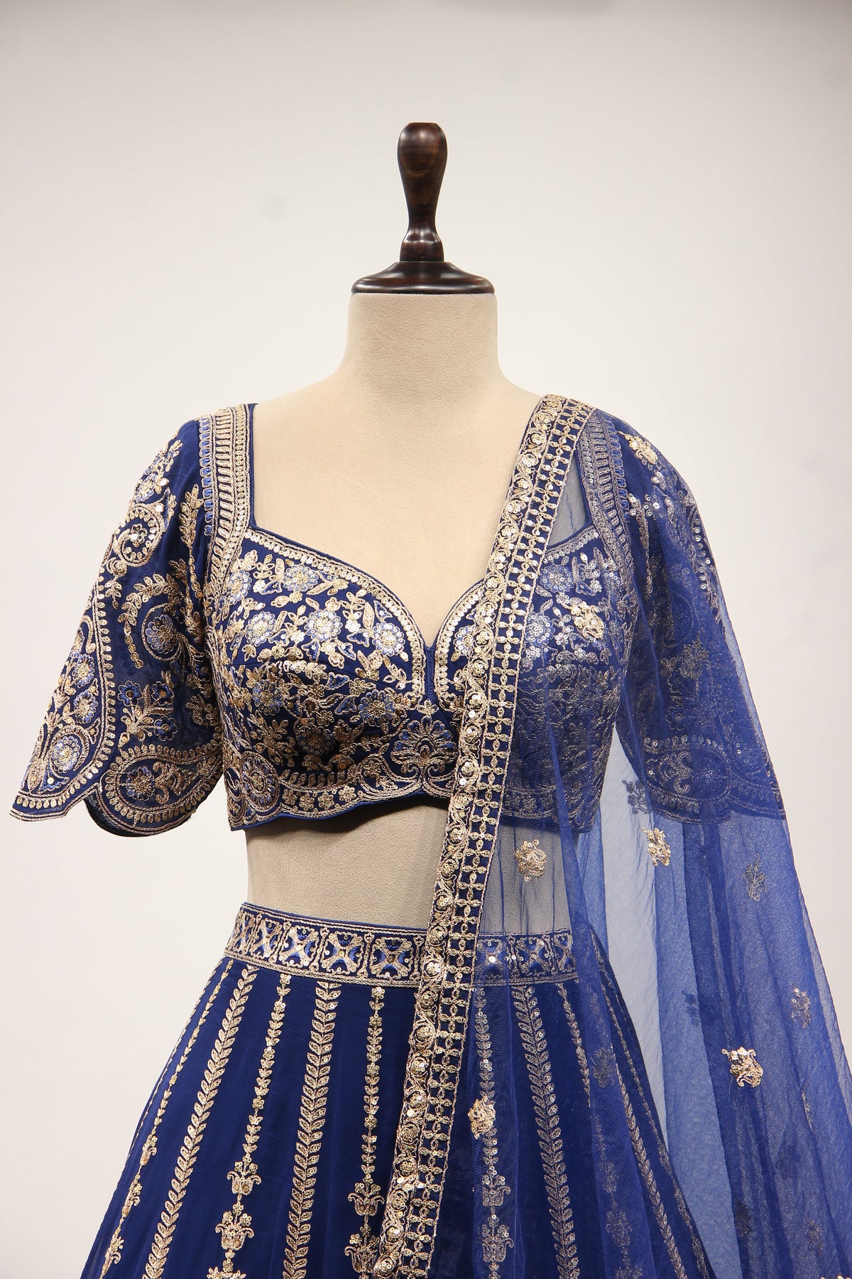 Royal Blue Georgette Lehenga with Zari & Resham Handwork Crop Top – front close-up
