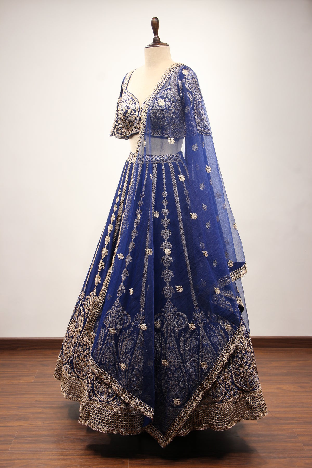 Royal Blue Georgette Lehenga with Zari & Resham Handwork Crop Top – side view