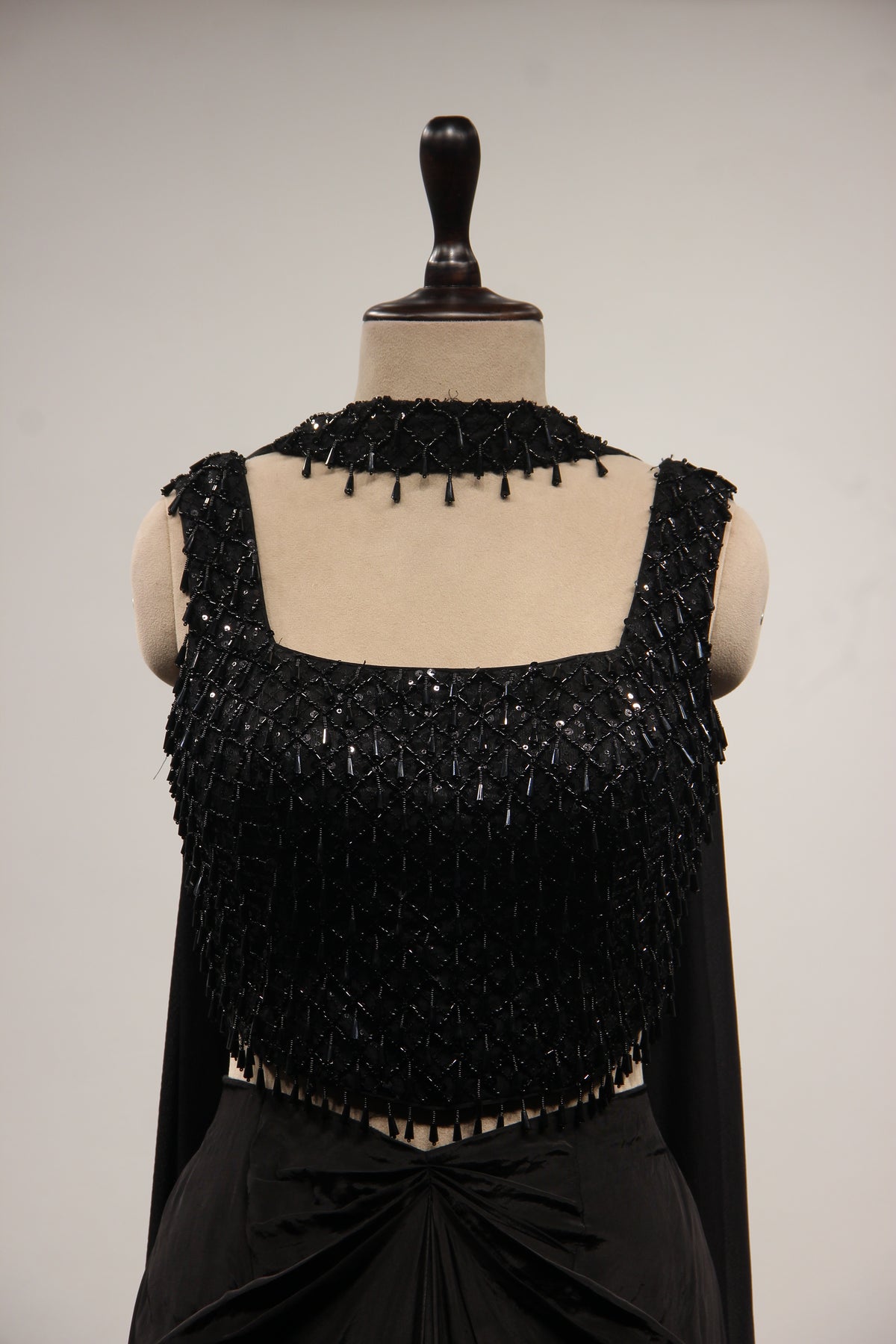 Crepe Black Indo Western Corset Blouse Cowl Skirt with Cut Dana Handwork
