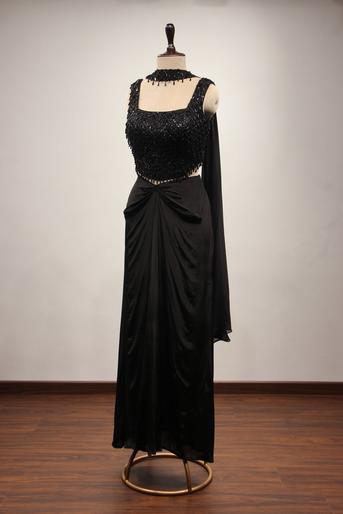 Crepe Black Indo Western Corset Blouse Cowl Skirt with Cut Dana Handwork