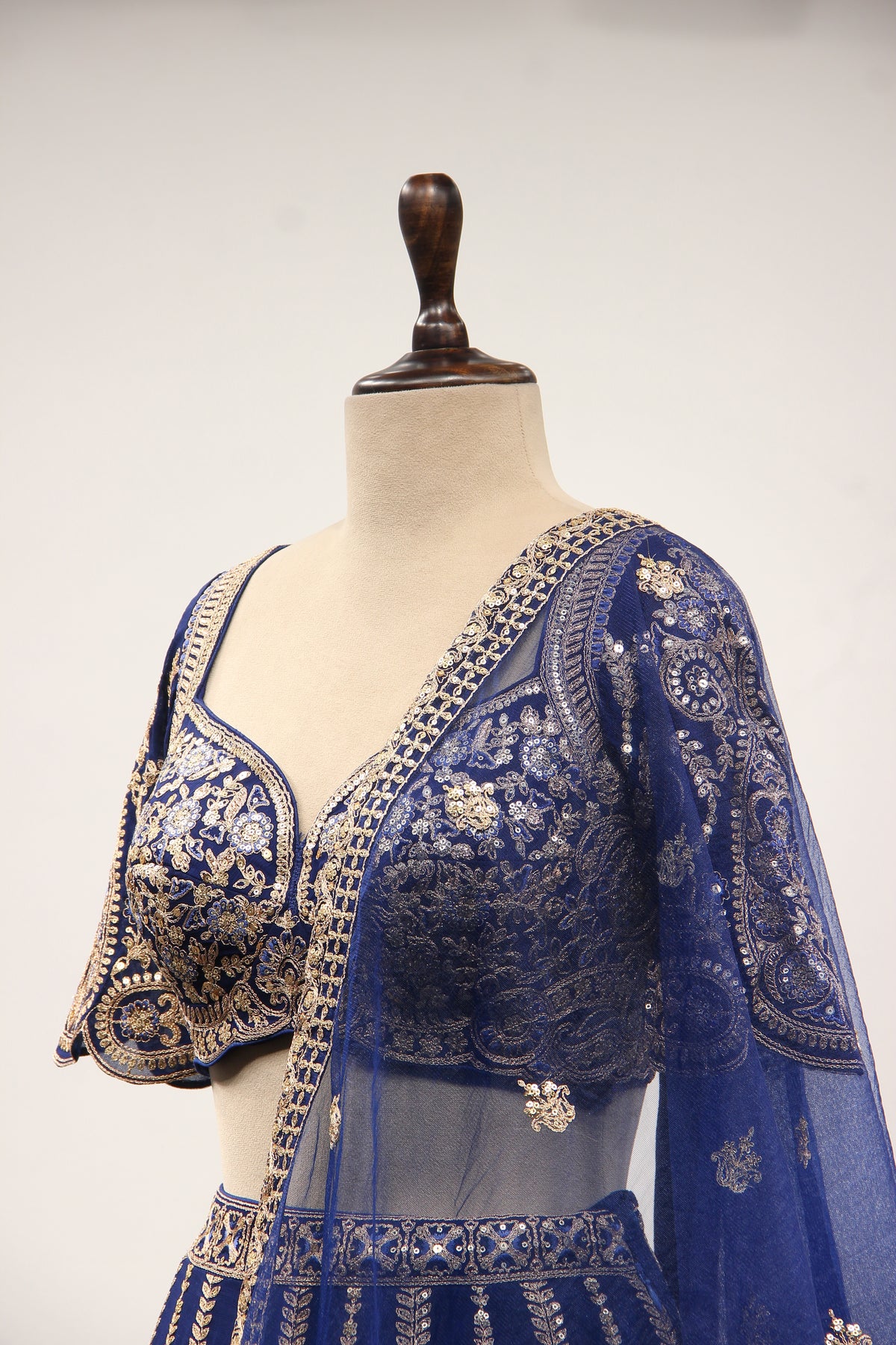Royal Blue Georgette Lehenga with Zari & Resham Handwork Crop Top – side close-up
