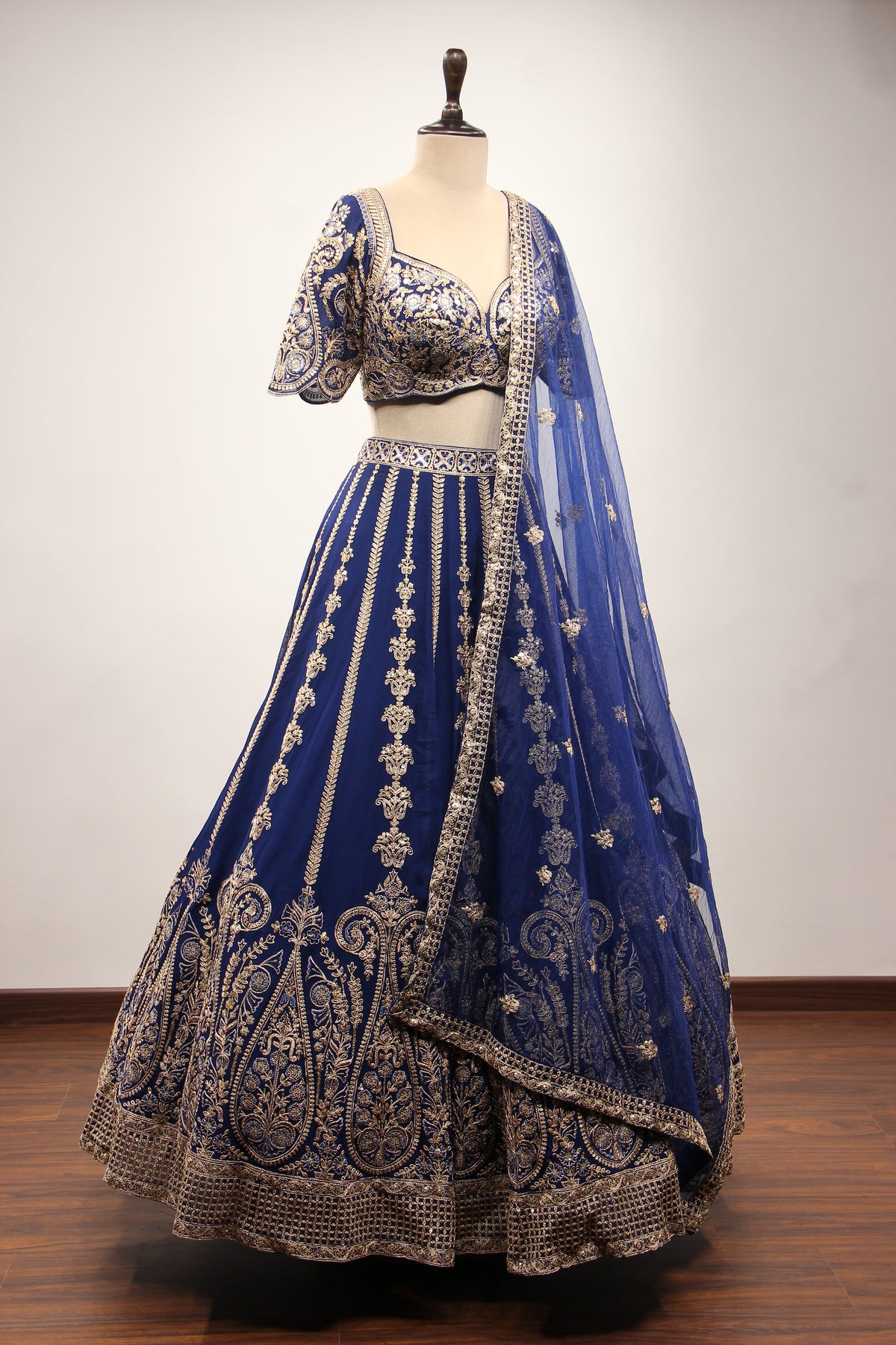 Royal Blue Georgette Lehenga with Zari & Resham Handwork Crop Top – other side view