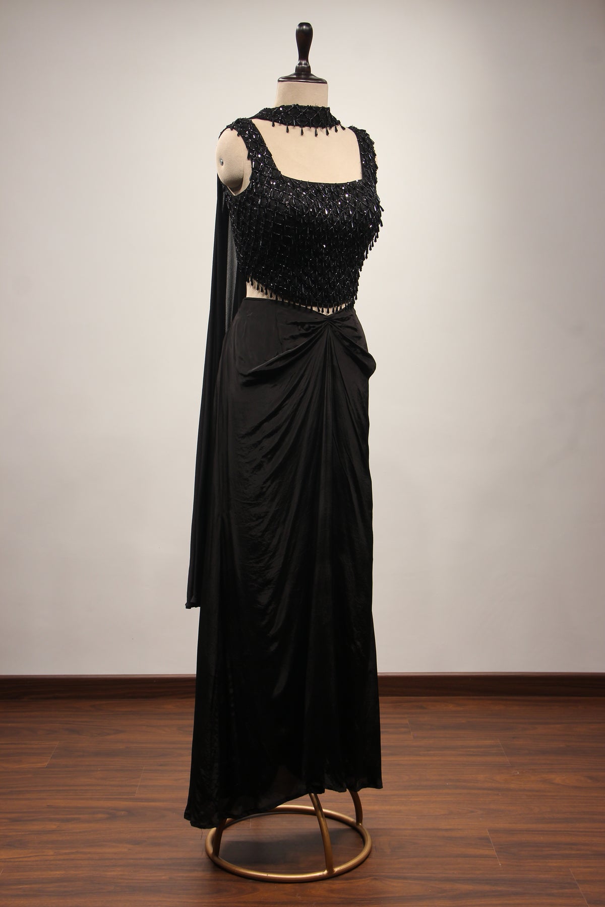Crepe Black Indo Western Corset Blouse Cowl Skirt with Cut Dana Handwork
