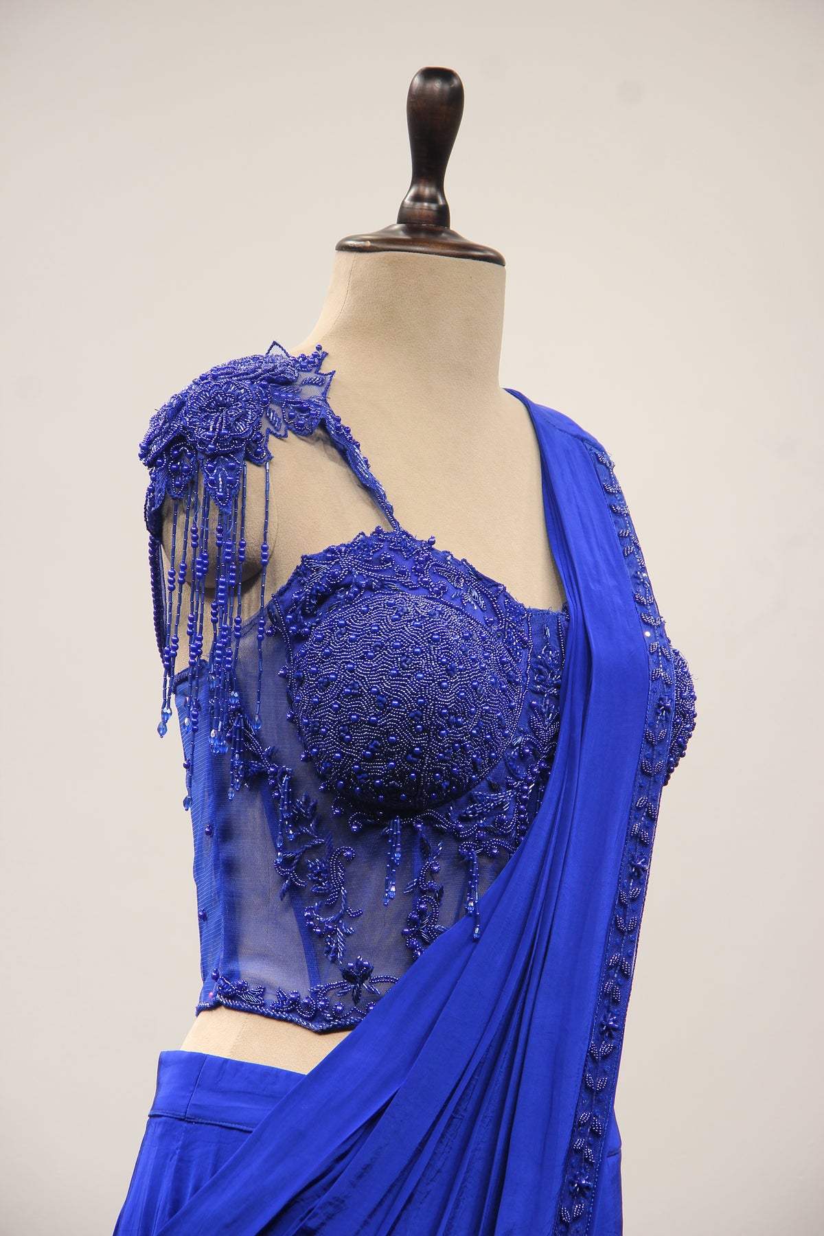 Electric Blue Crepe Drape Saree with Bead & Pearl Handwork