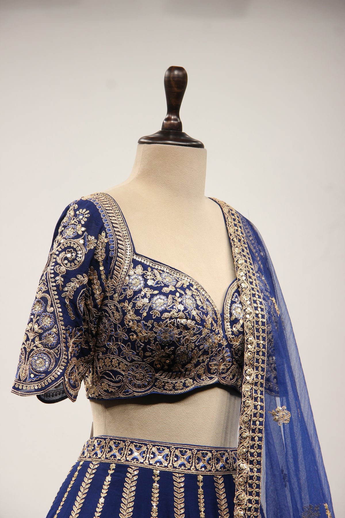 Royal Blue Georgette Lehenga with Zari & Resham Handwork Crop Top – other side close-up
