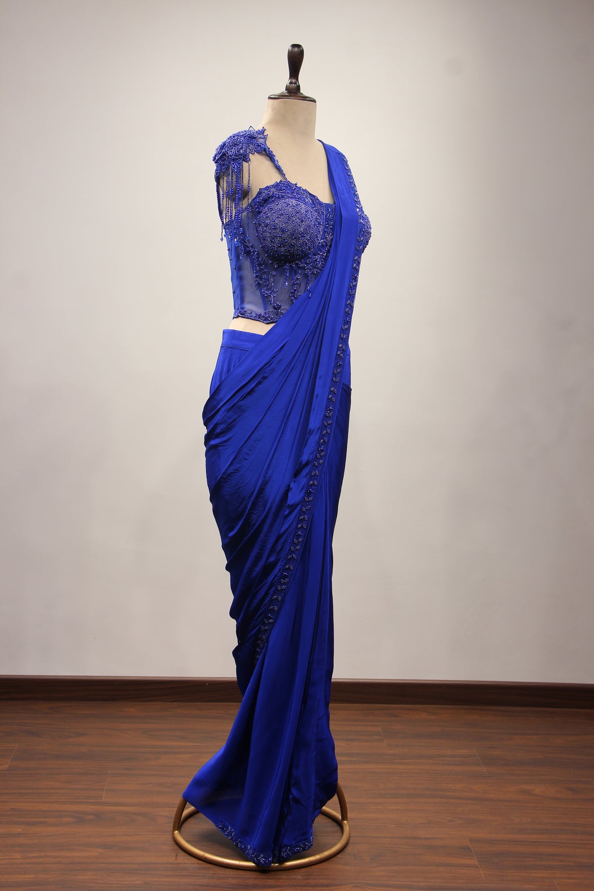 Electric Blue Crepe Drape Saree with Bead & Pearl Handwork