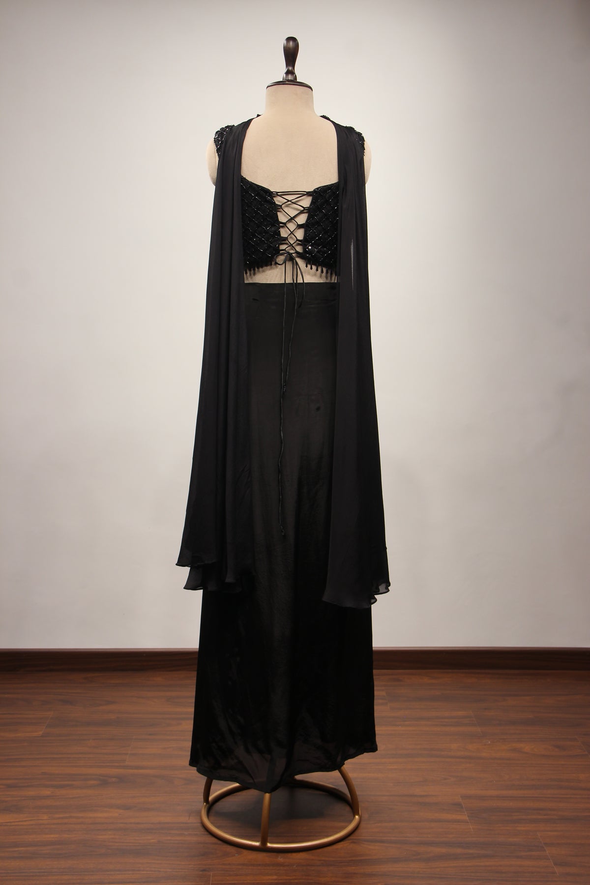 Crepe Black Indo Western Corset Blouse Cowl Skirt with Cut Dana Handwork