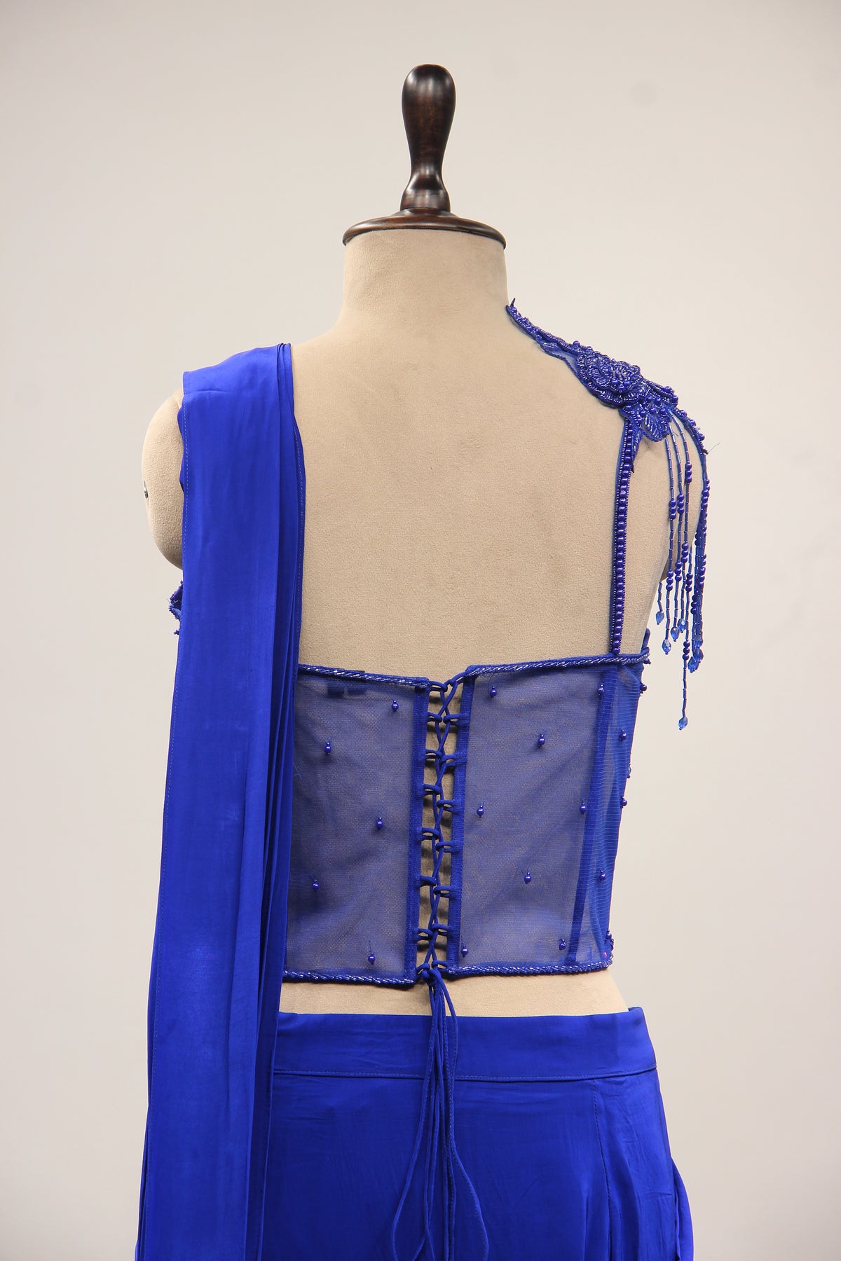 Electric Blue Crepe Drape Saree with Bead & Pearl Handwork