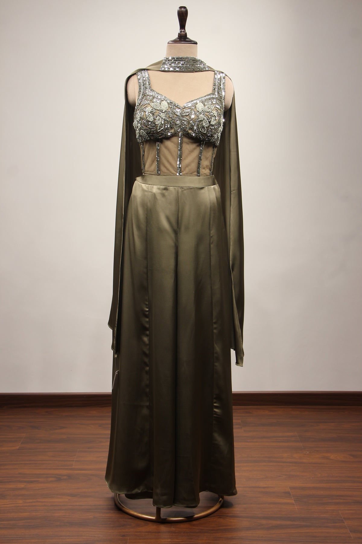 Crepe Dusty Green Indo Western Palazzo with Bead & Sequin Handwork