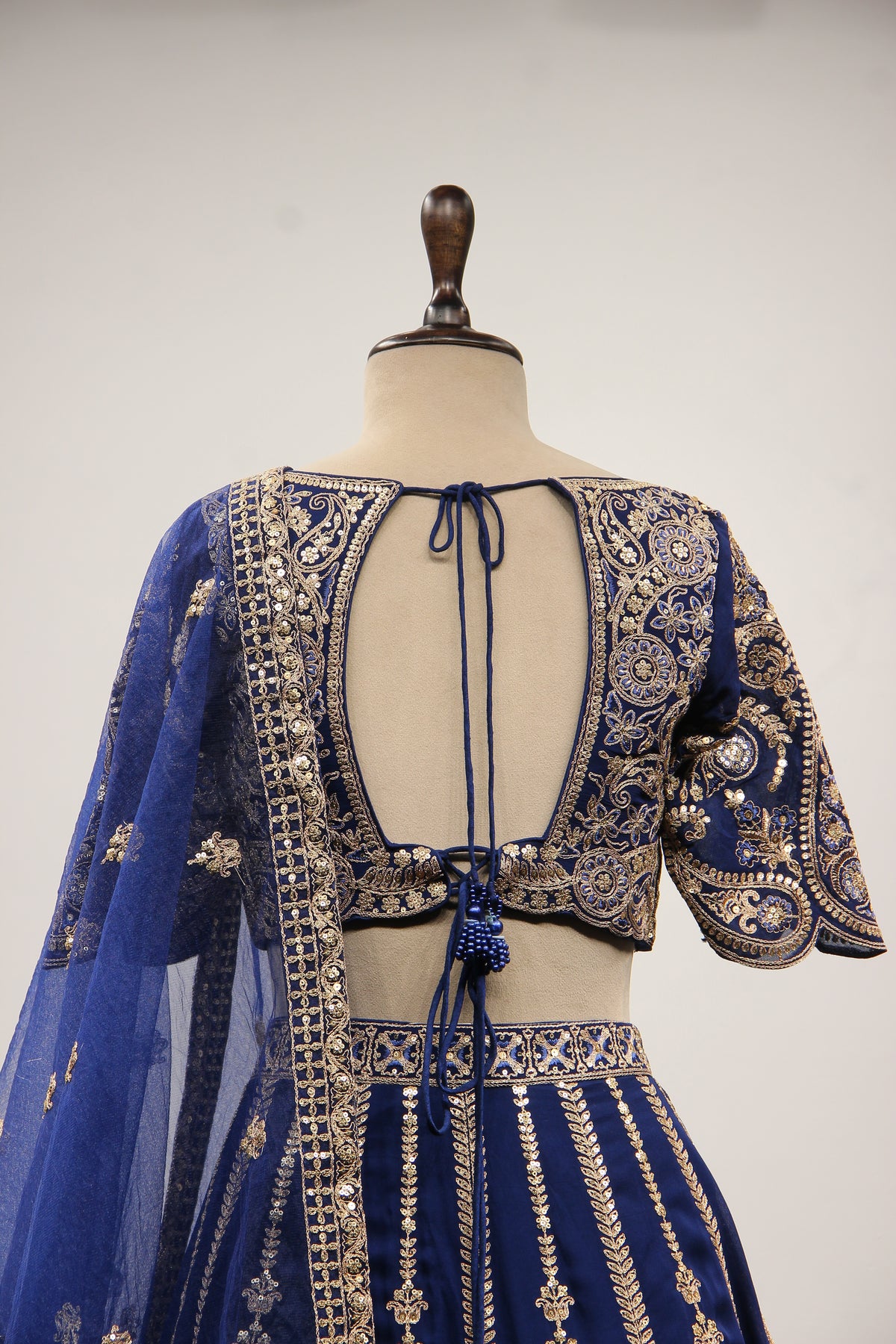Royal Blue Georgette Lehenga with Zari & Resham Handwork Crop Top – back close-up