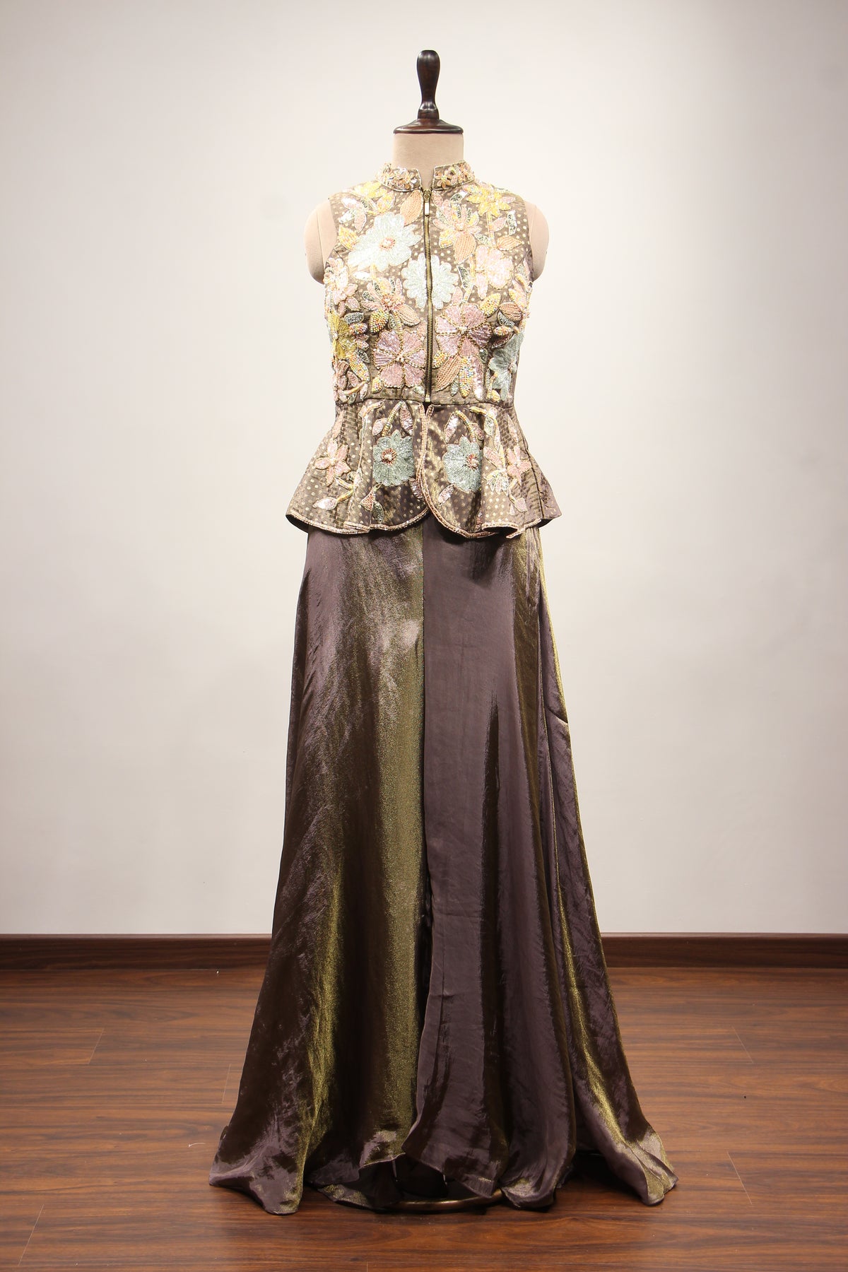 Brown Shimmer Tissue Indo Western Peplum, Cut Dana & Sequin Handwork – front view