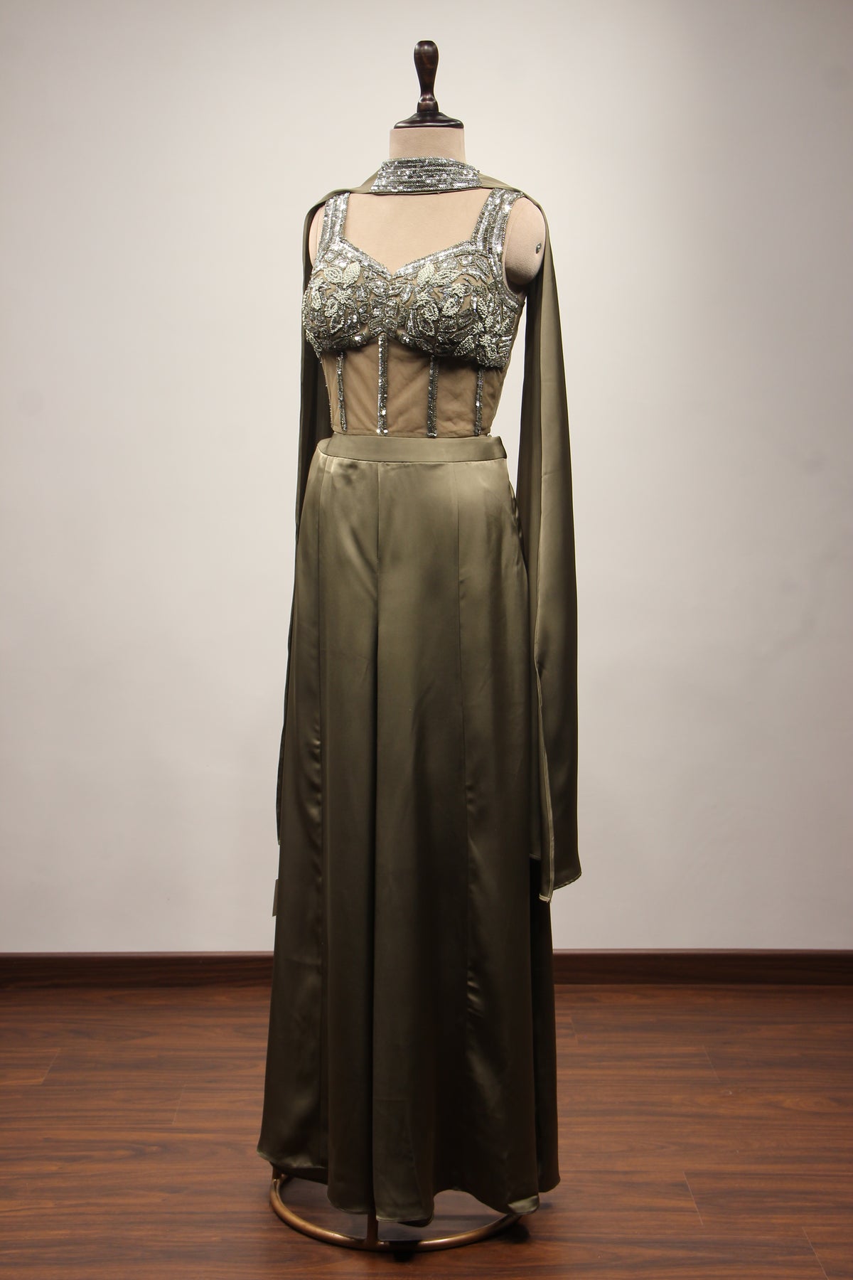 Crepe Dusty Green Indo Western Palazzo with Bead & Sequin Handwork