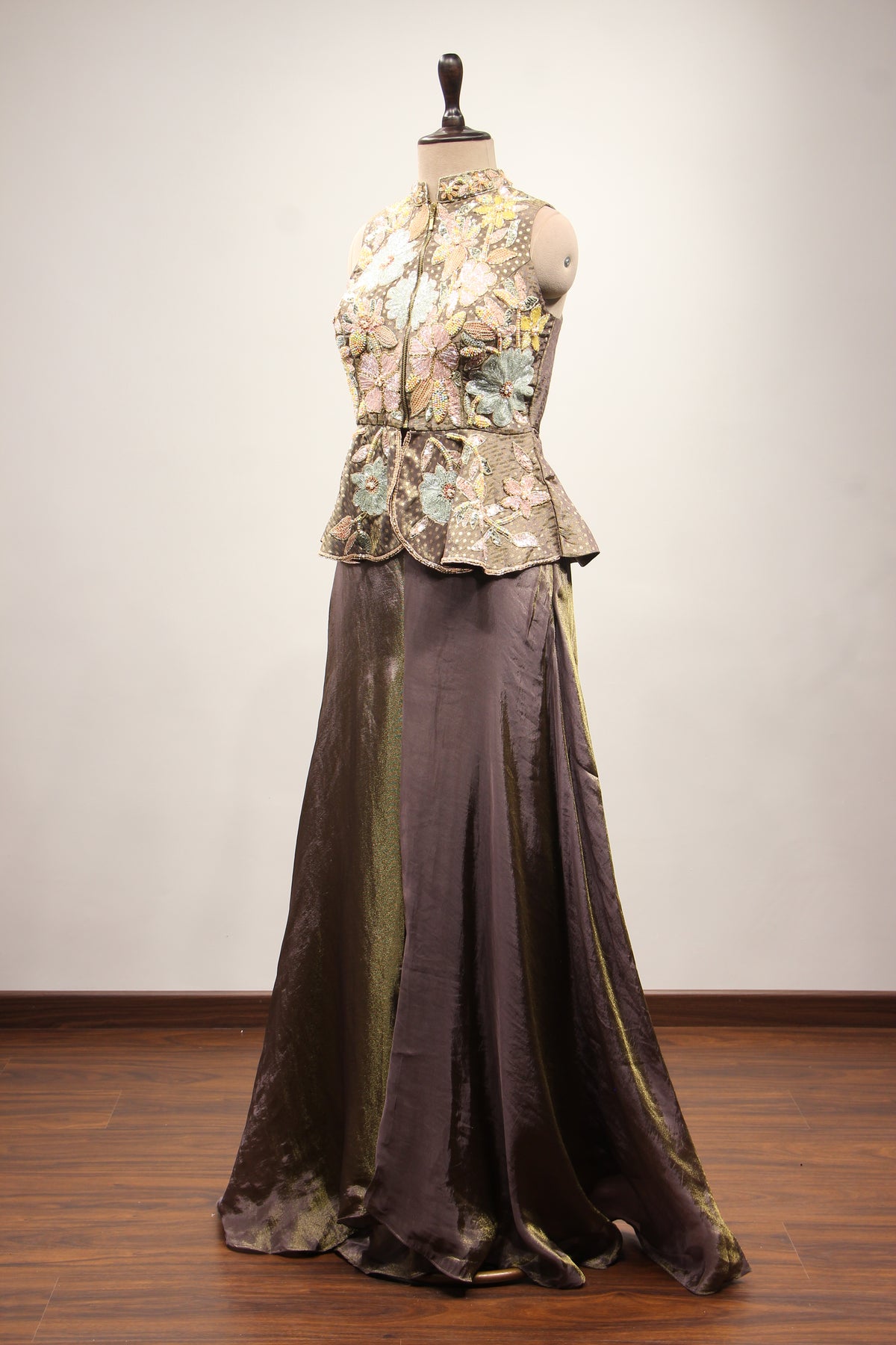 Brown Shimmer Tissue Indo Western Peplum, Cut Dana & Sequin Handwork – side view