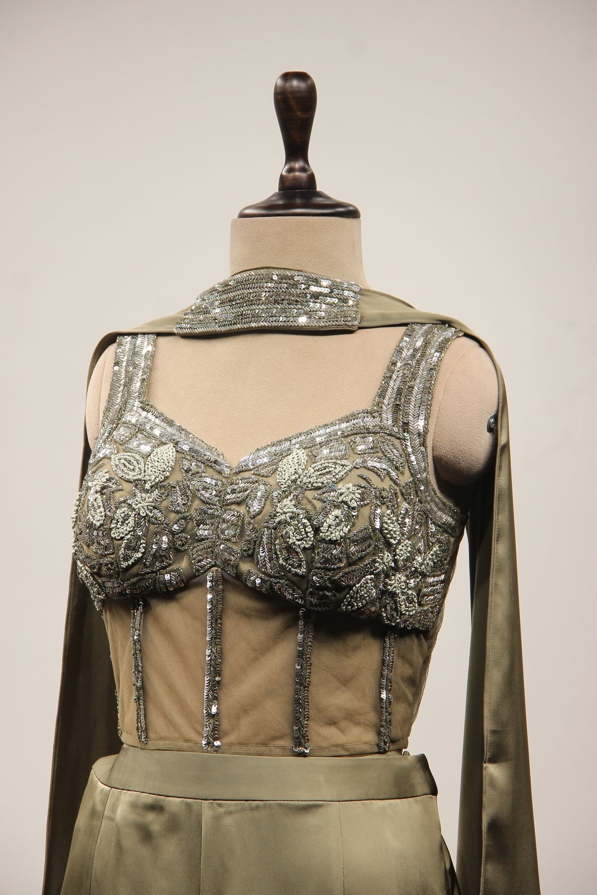 Crepe Dusty Green Indo Western Palazzo with Bead & Sequin Handwork