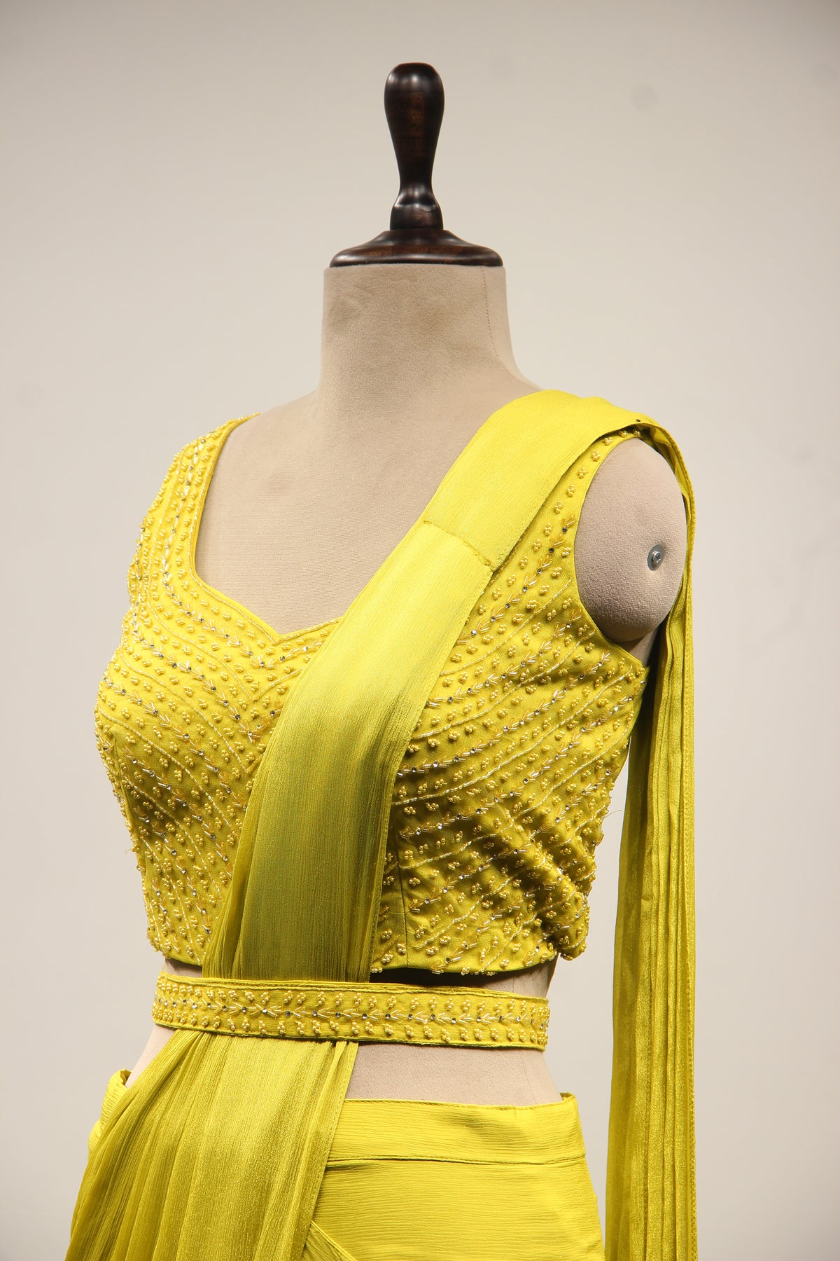 Lime Crepe Drape Saree with Bead & Cut Dana Handwork Crop Top