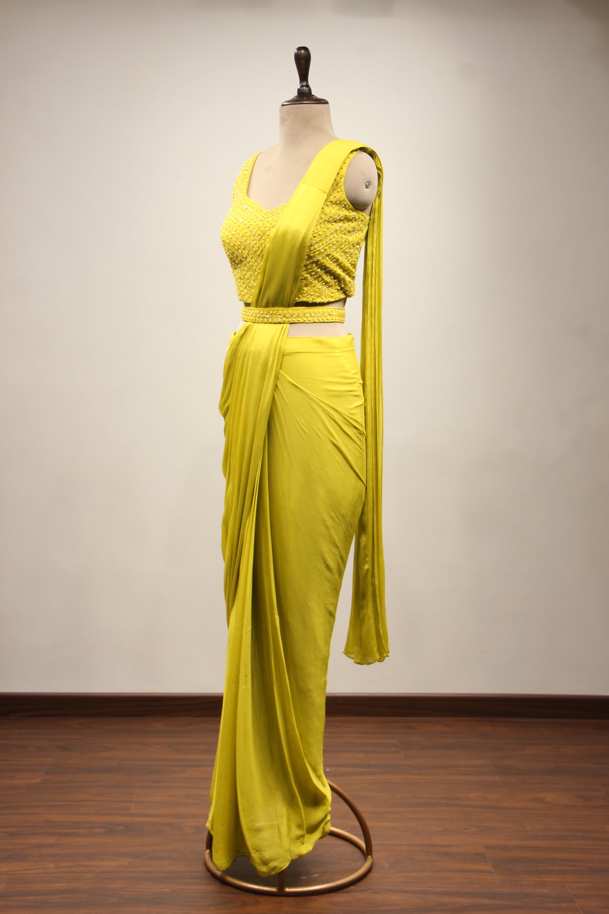 Lime Crepe Drape Saree with Bead & Cut Dana Handwork Crop Top