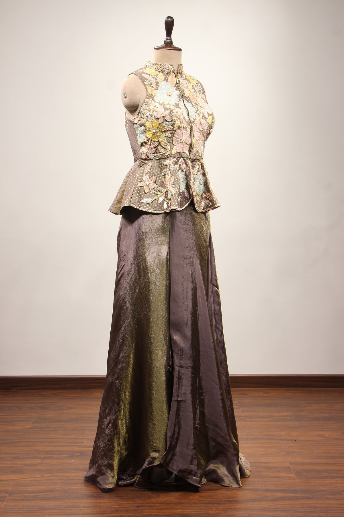 Brown Shimmer Tissue Indo Western Peplum, Cut Dana & Sequin Handwork – other side view