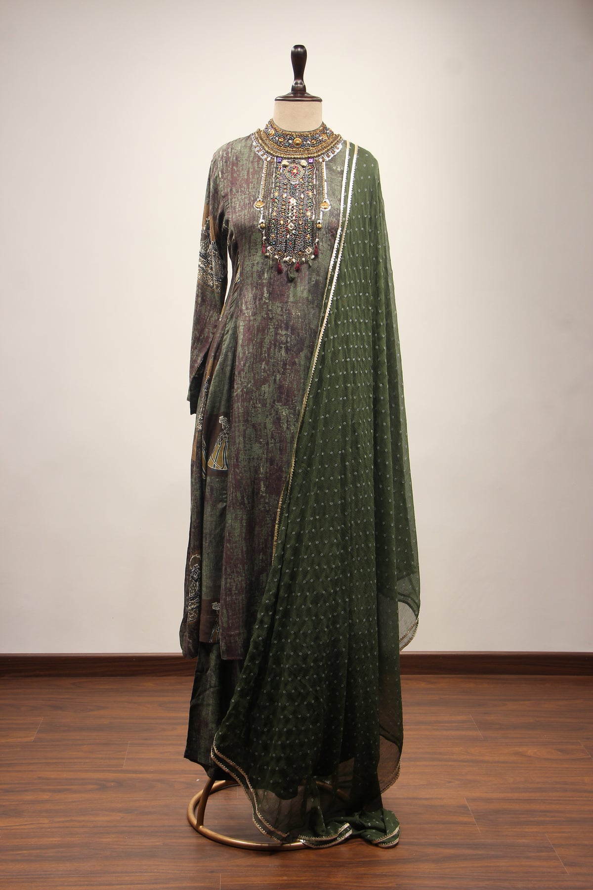 Dusty Green Rayon A-Line Suit with Embroidery & Resham Handwork