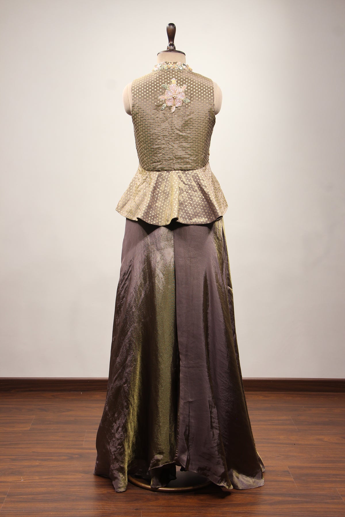 Brown Shimmer Tissue Indo Western Peplum, Cut Dana & Sequin Handwork – back view