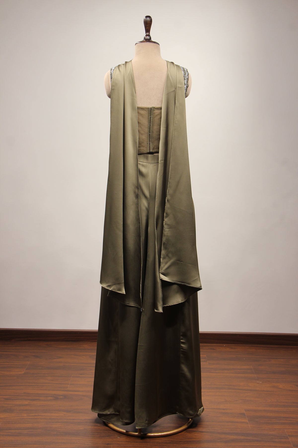 Crepe Dusty Green Indo Western Palazzo with Bead & Sequin Handwork