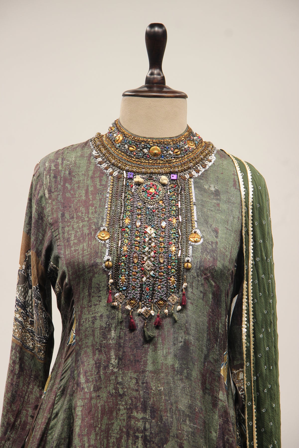 Dusty Green Rayon A-Line Suit with Embroidery & Resham Handwork