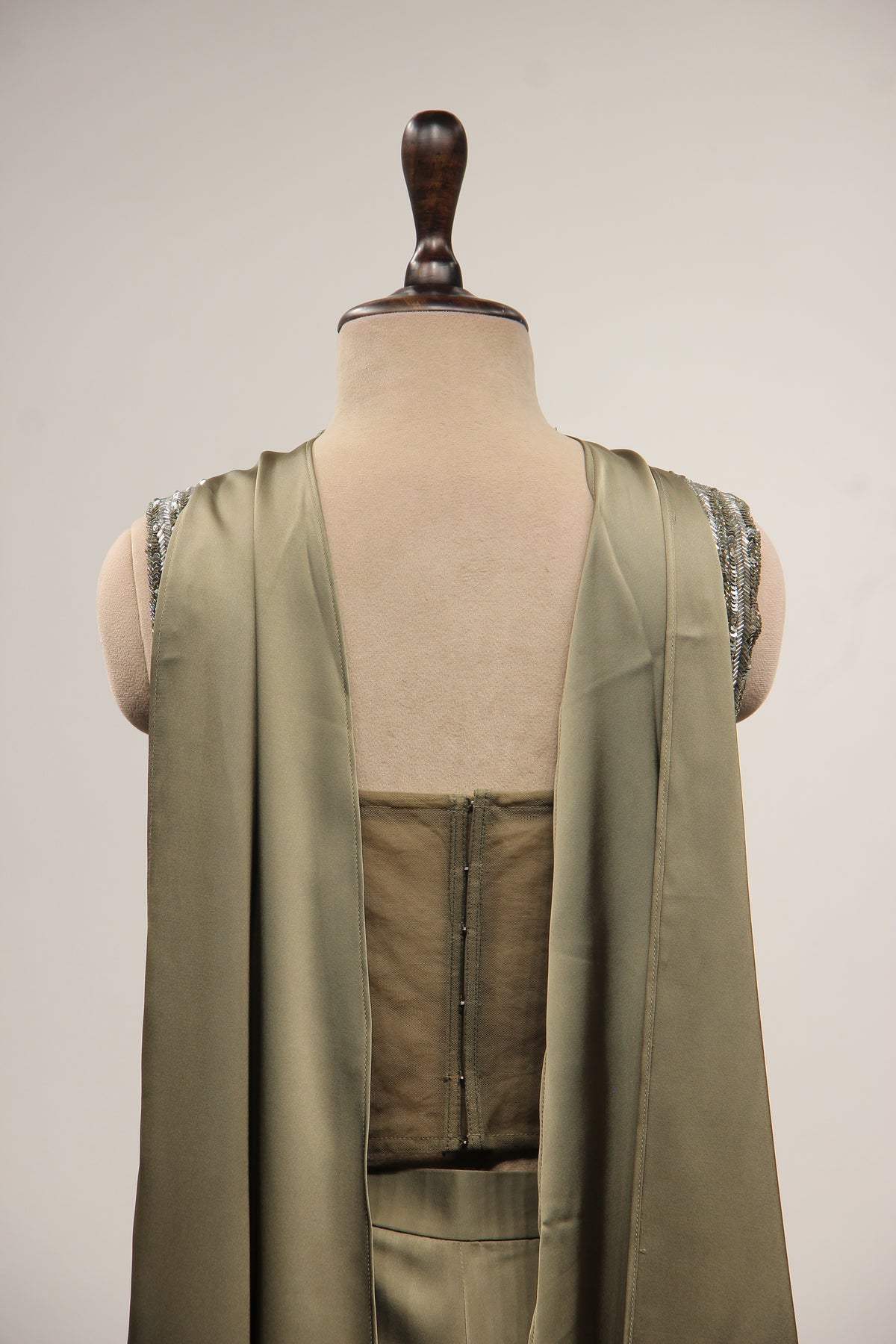 Crepe Dusty Green Indo Western Palazzo with Bead & Sequin Handwork