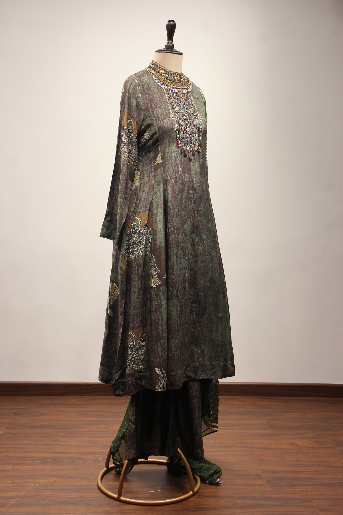 Dusty Green Rayon A-Line Suit with Embroidery & Resham Handwork
