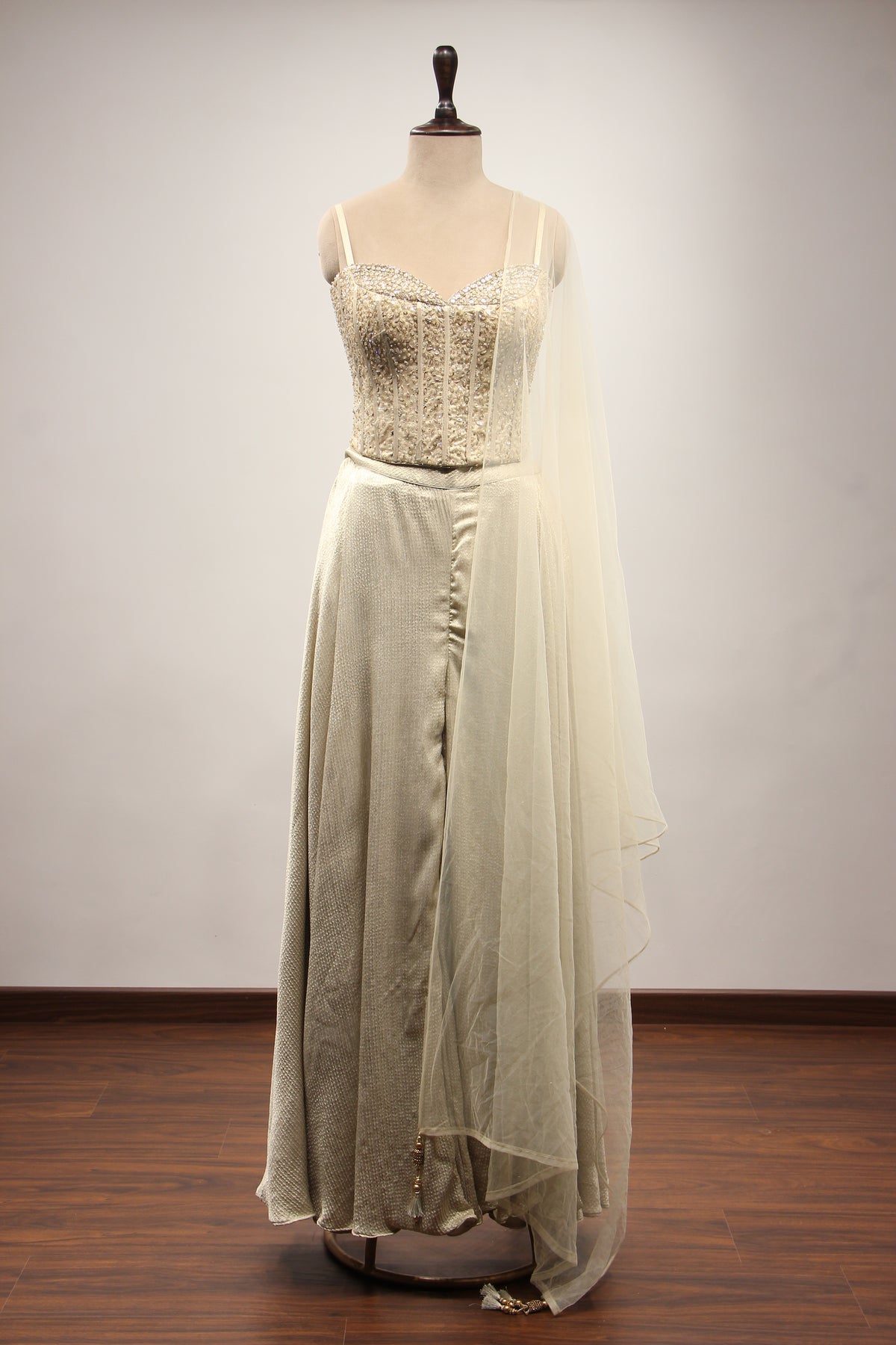 Imported Cream Indo Western Net Corset Palazzo with Cut Dana & Sequin Handwork