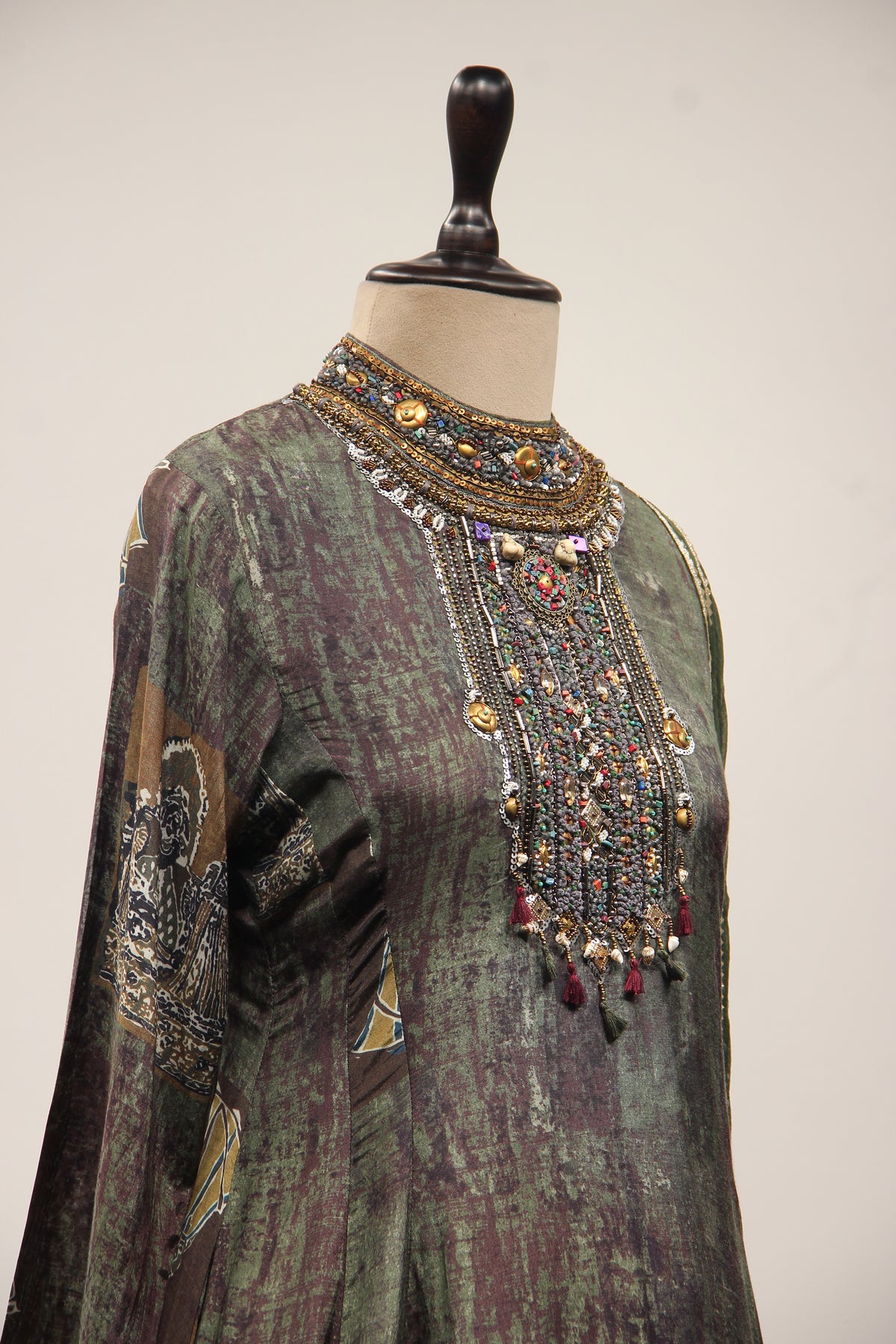 Dusty Green Rayon A-Line Suit with Embroidery & Resham Handwork