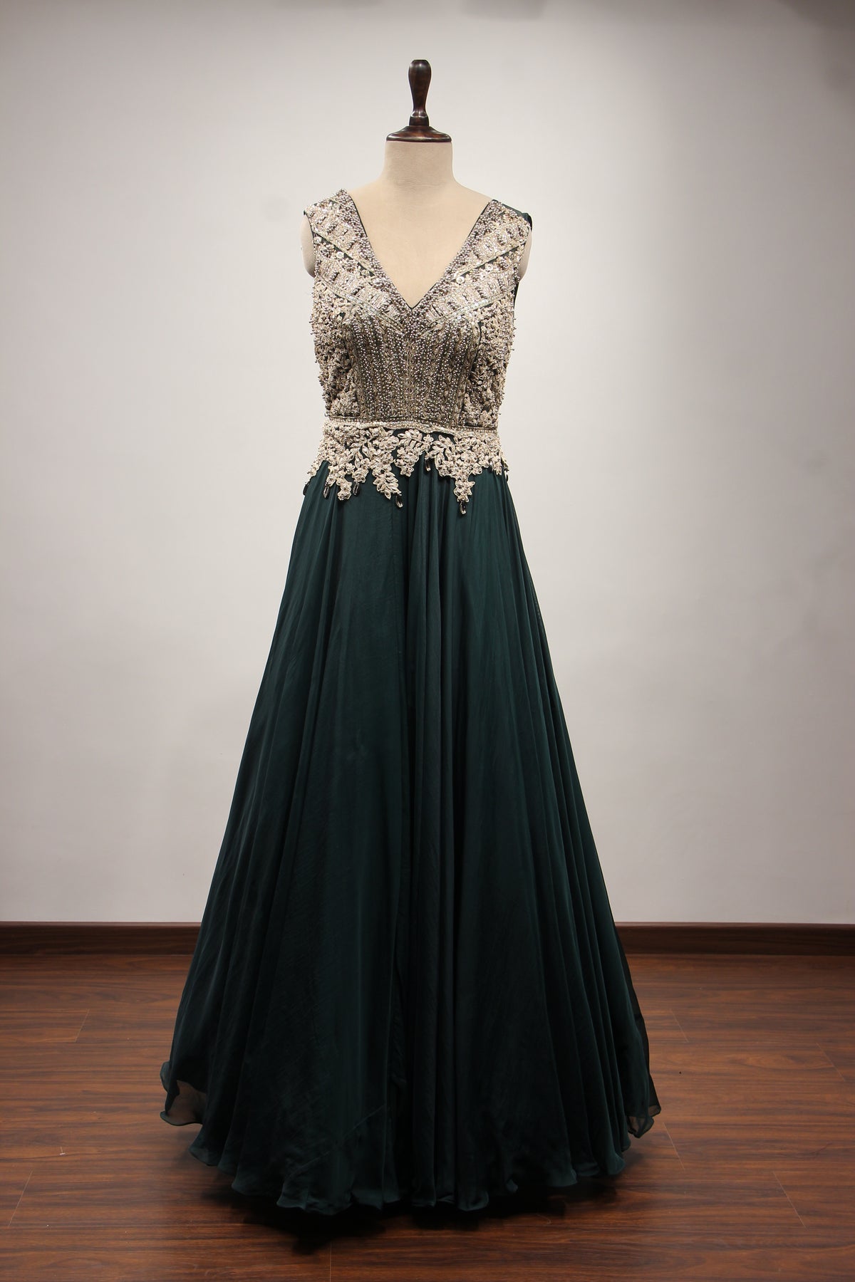 Bottle Green Organza Floor Length Gown with Zari & Bead Handwork – front view