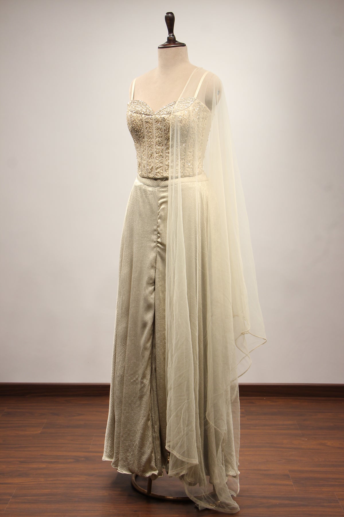 Imported Cream Indo Western Net Corset Palazzo with Cut Dana & Sequin Handwork
