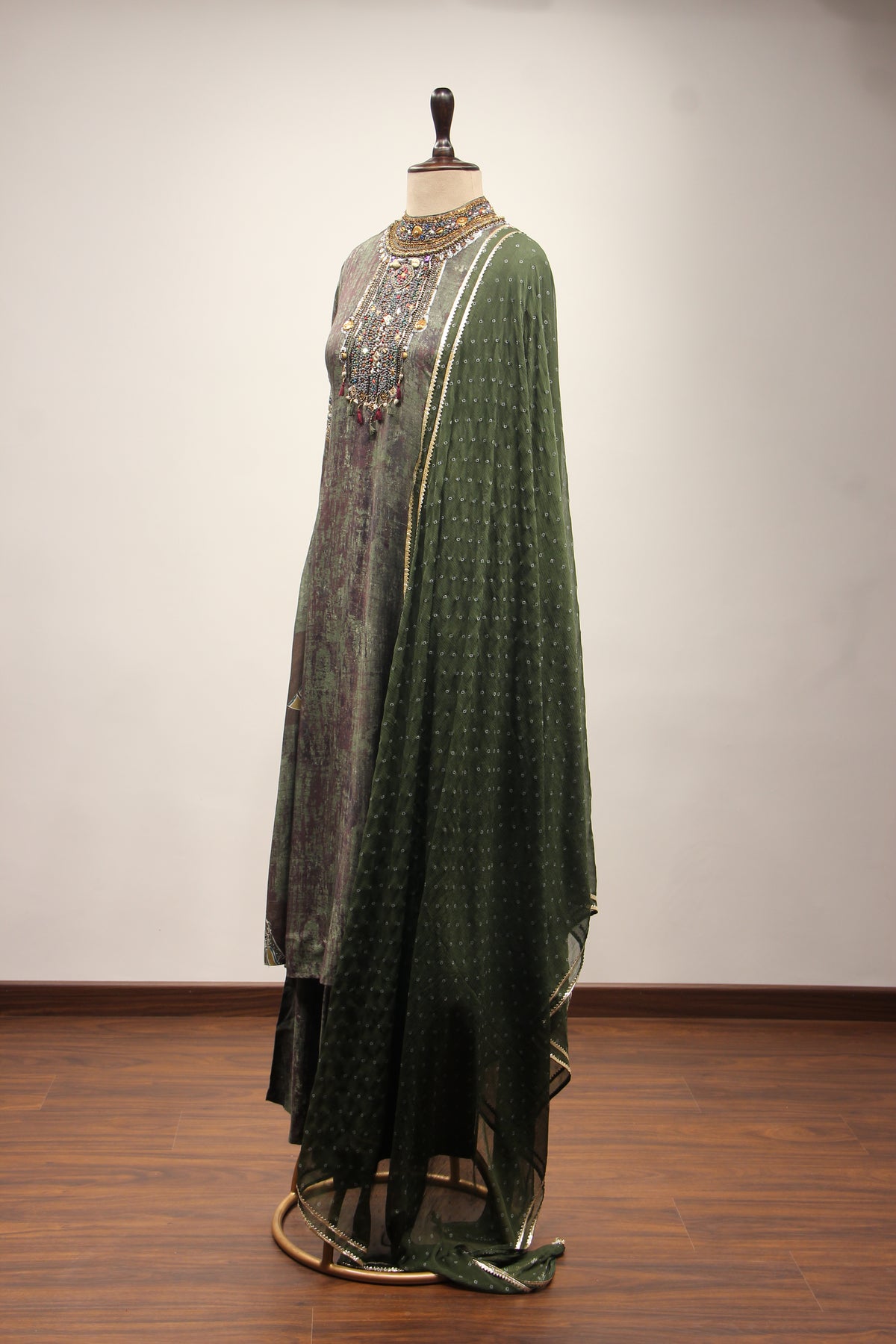 Dusty Green Rayon A-Line Suit with Embroidery & Resham Handwork