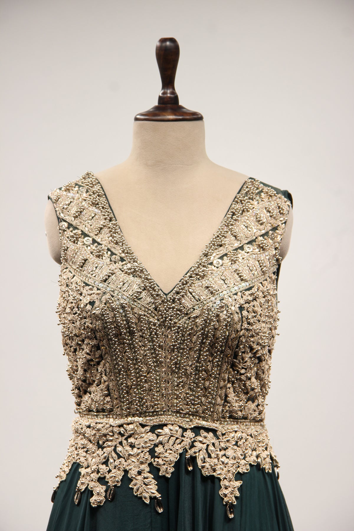 Bottle Green Organza Floor Length Gown with Zari & Bead Handwork – front close-up